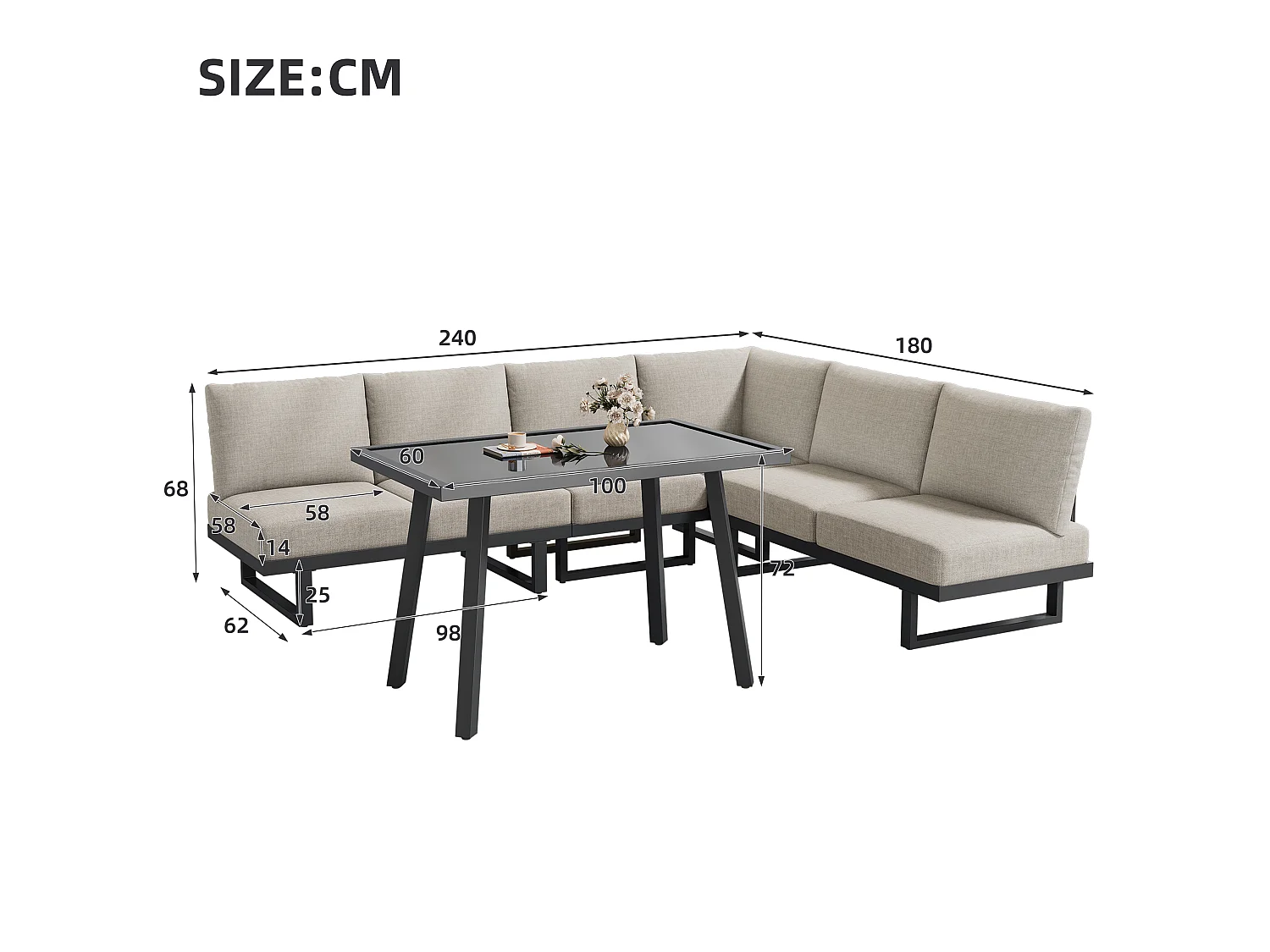 Salon de jardin modulable en acier galvanisé : 2 canapé 2 places + 1 table basse - Gris-beige