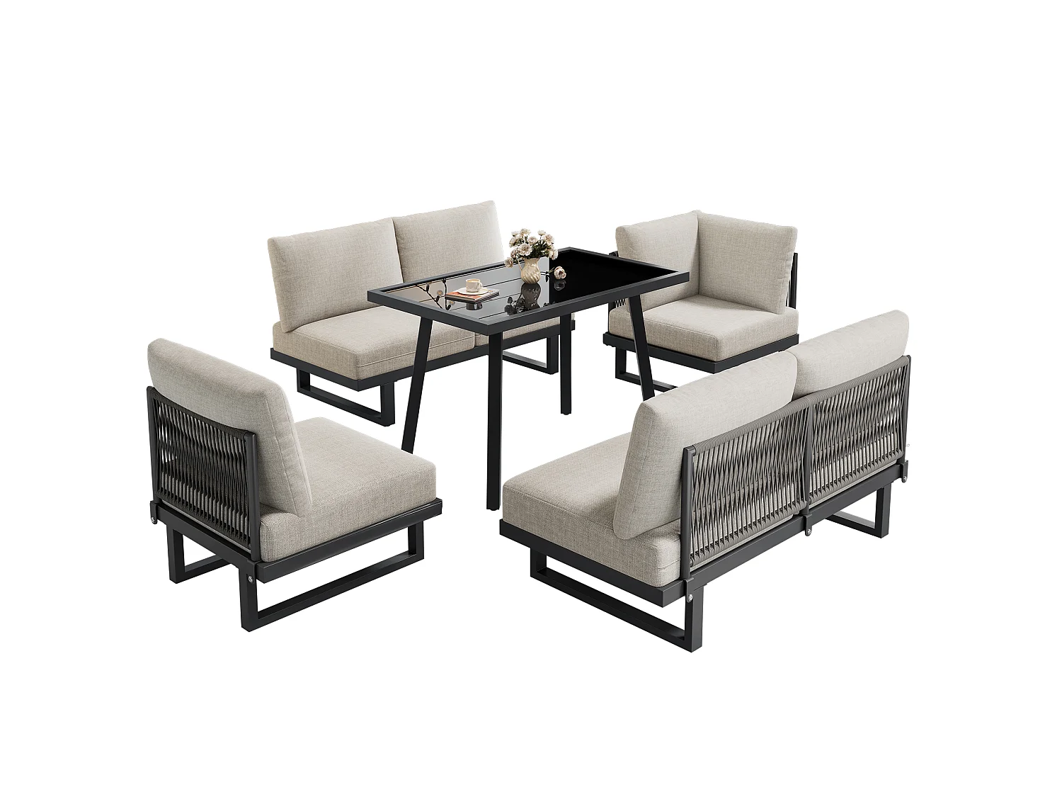 Salon de jardin modulable en acier galvanisé : 2 canapé 2 places + 1 table basse - Gris-beige