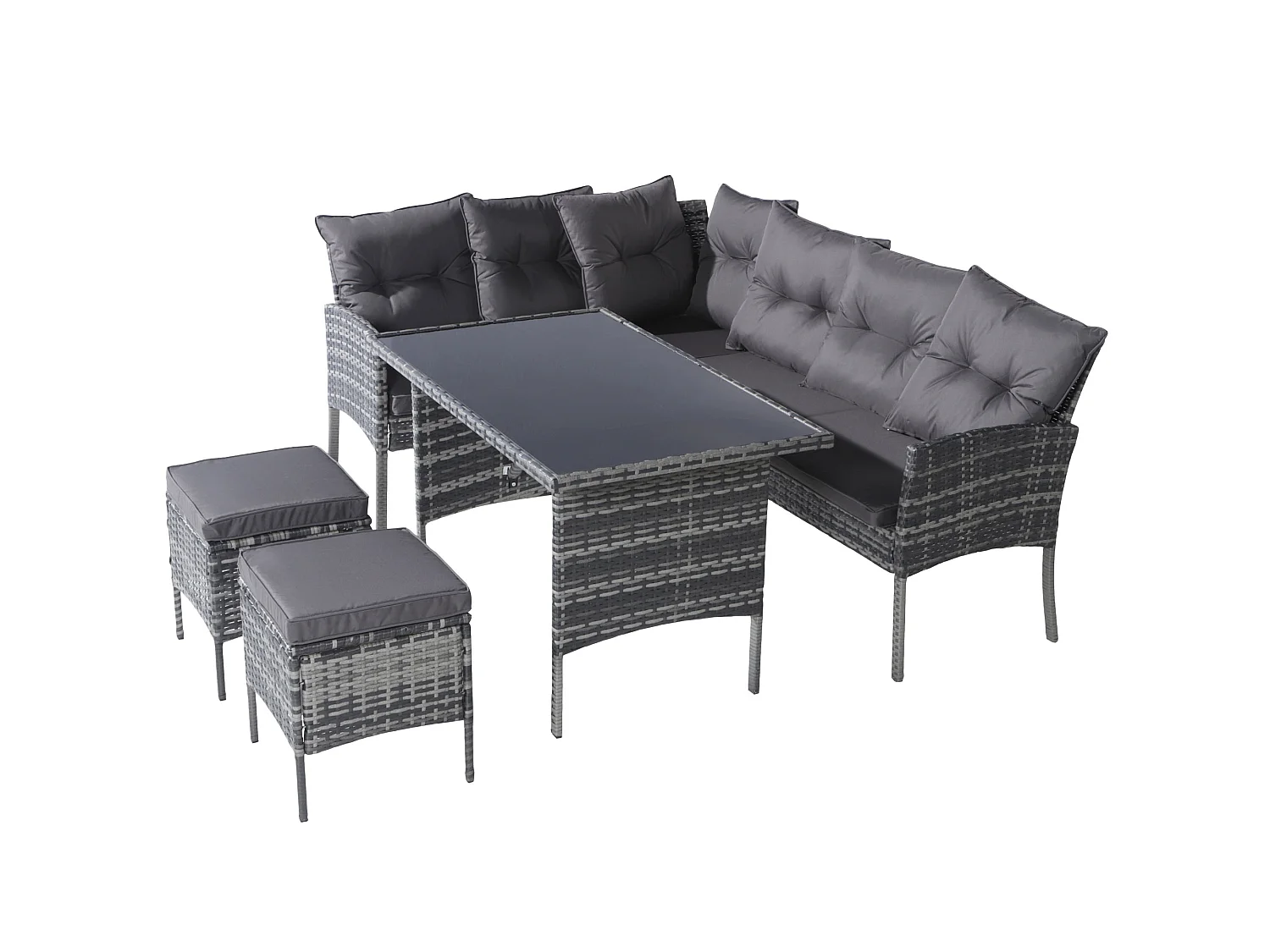 7-persoons tuinset van polyrattan: 2 banken, tafel en 2 krukjes, grijs