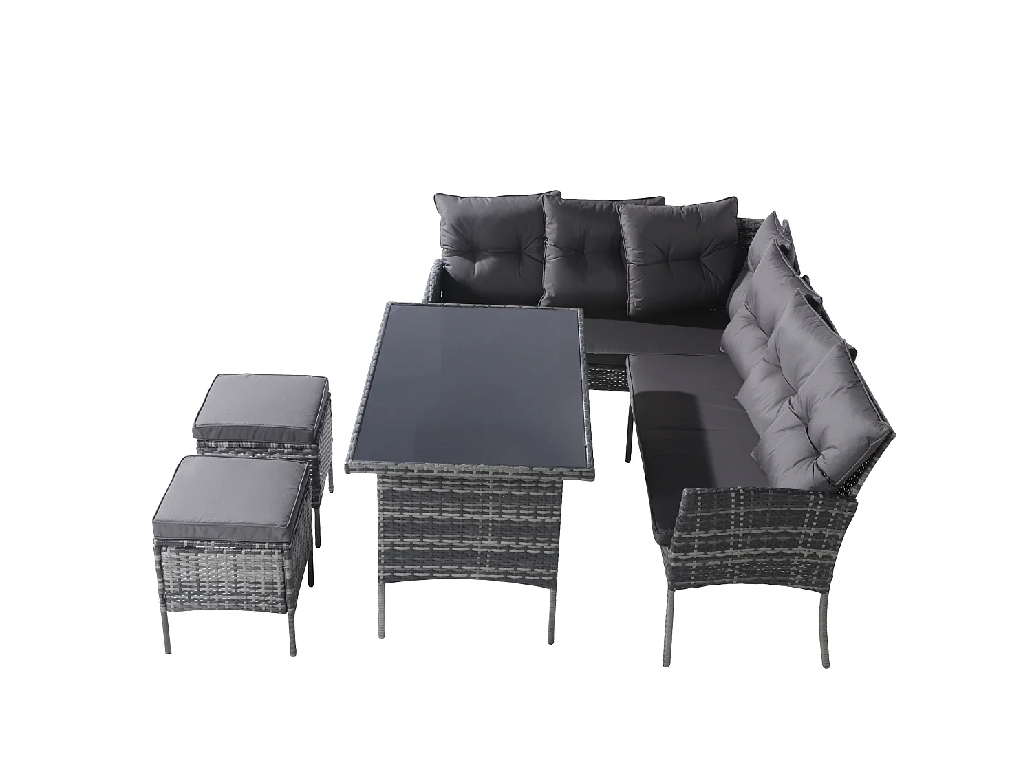 7-persoons tuinset van polyrattan: 2 banken, tafel en 2 krukjes, grijs
