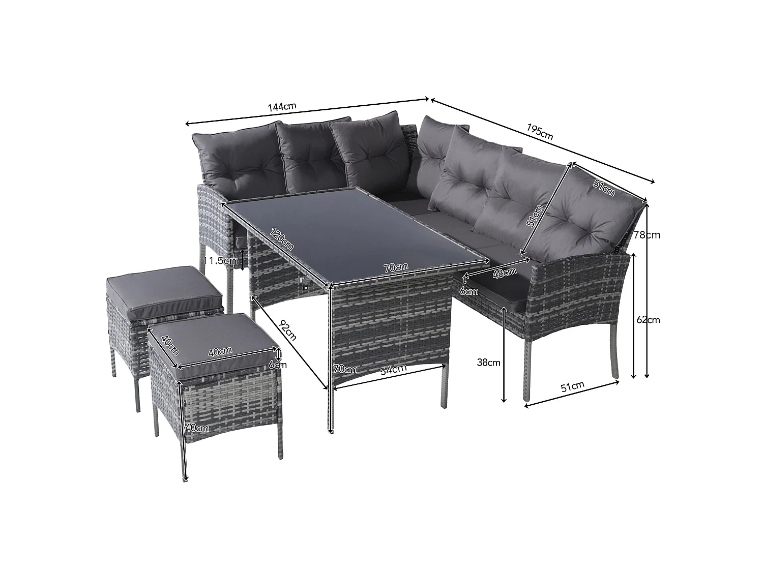 7-persoons tuinset van polyrattan: 2 banken, tafel en 2 krukjes, grijs