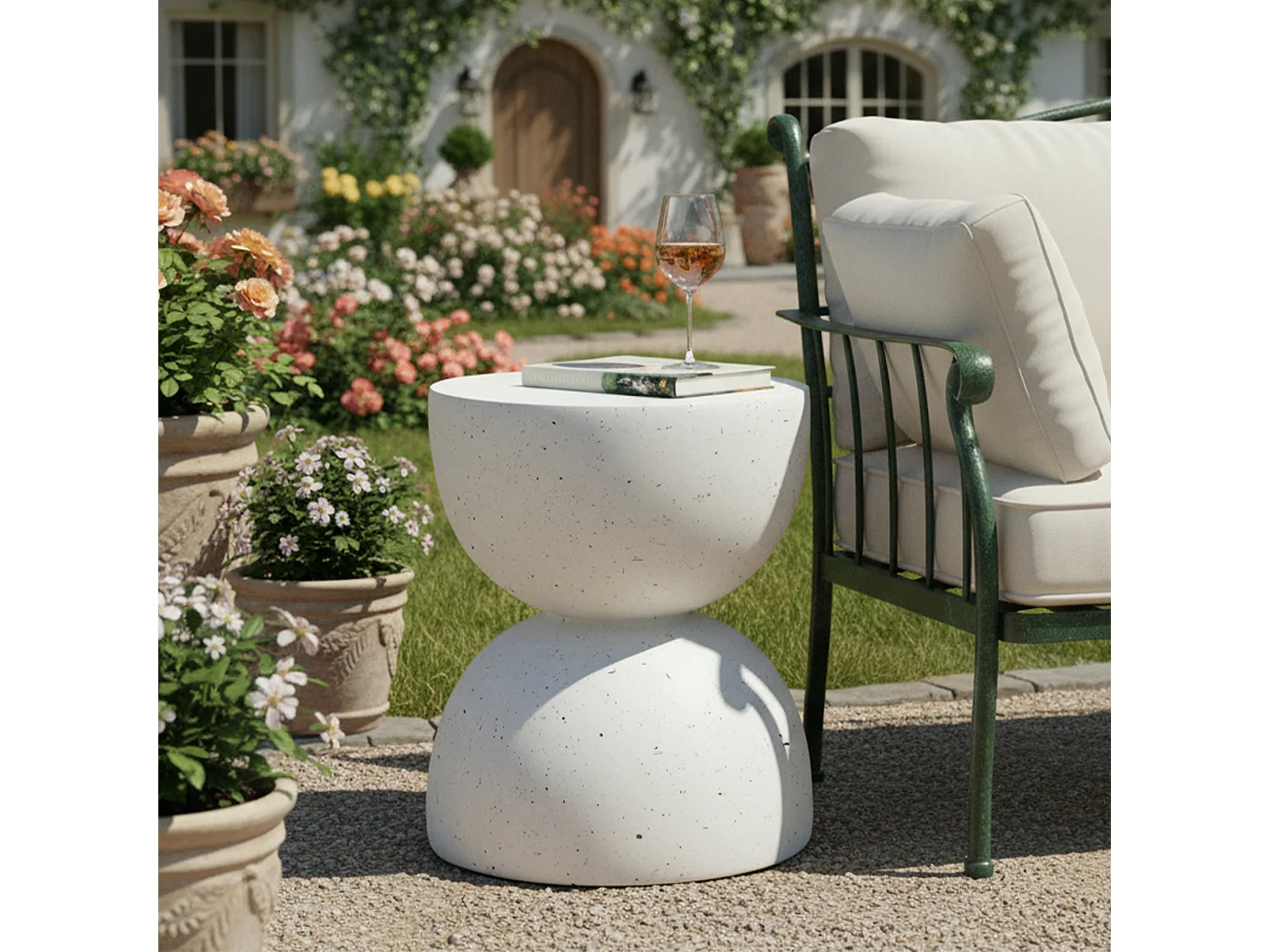 Table d'appoint de jardin en MgO rond - Finition terrazzo blanc
