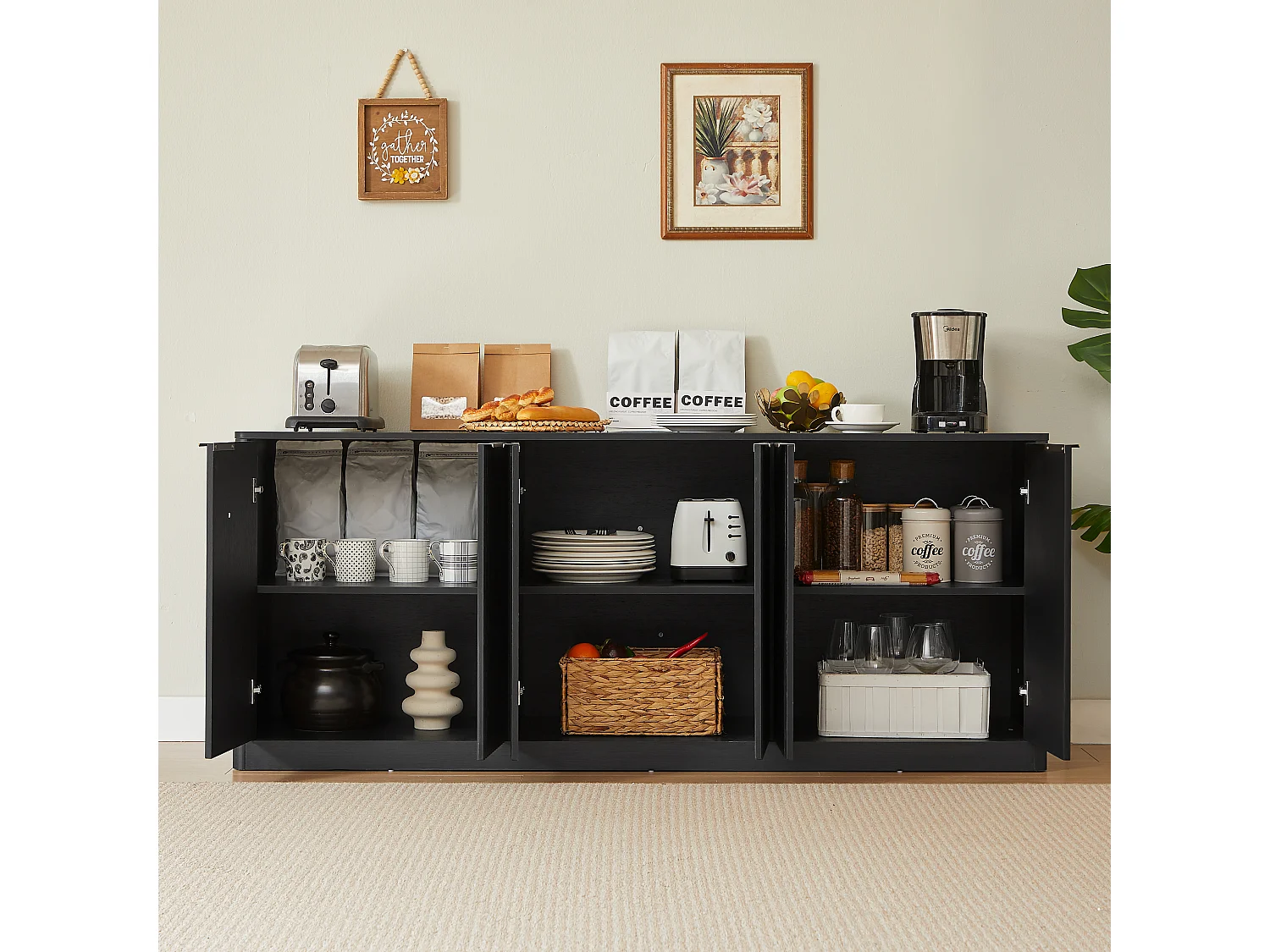 Buffet à motif ondulé avec 6 portes - Noir 170 x 40 x 70.5 cm