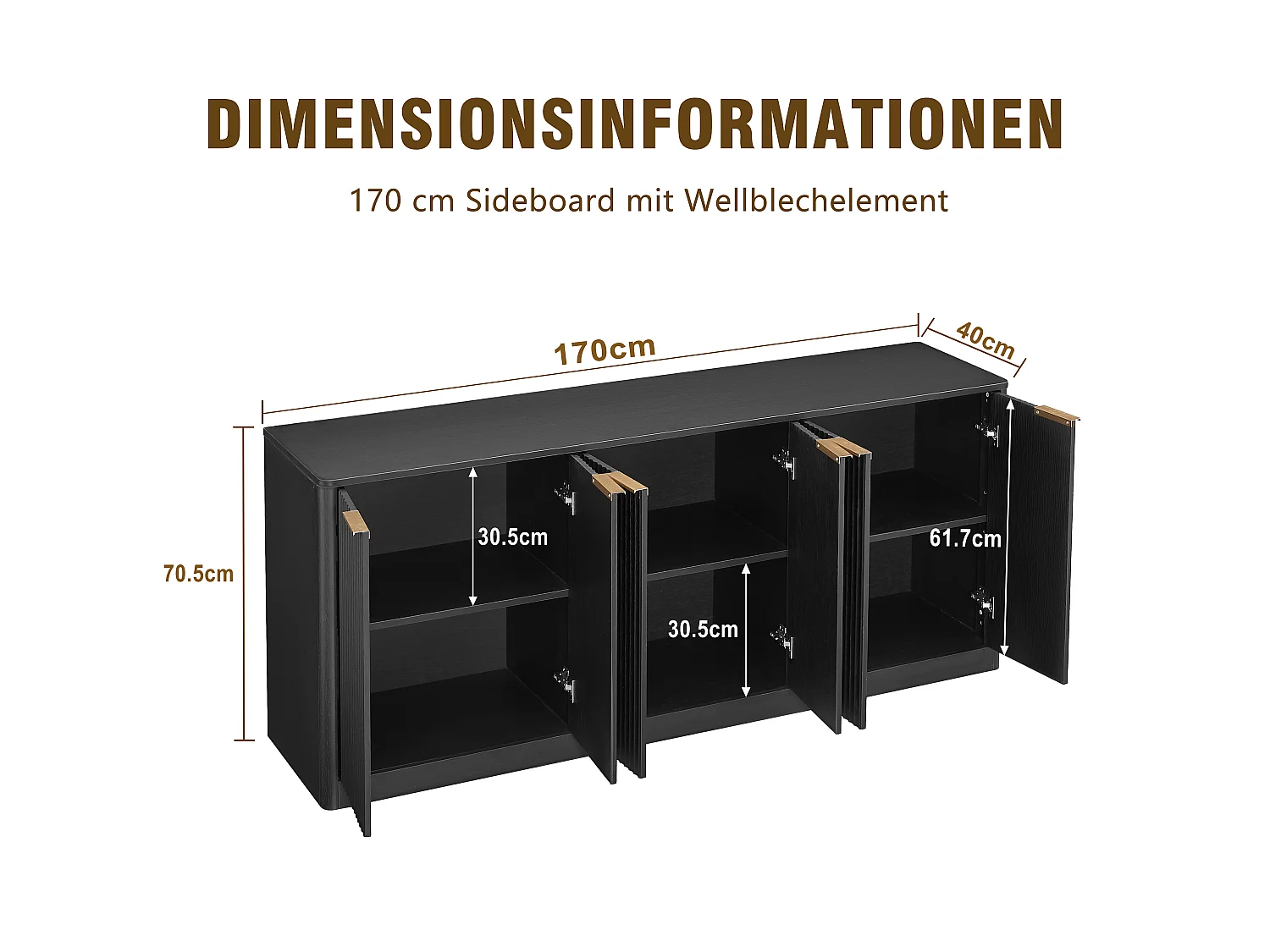 Buffet à motif ondulé avec 6 portes - Noir 170 x 40 x 70.5 cm