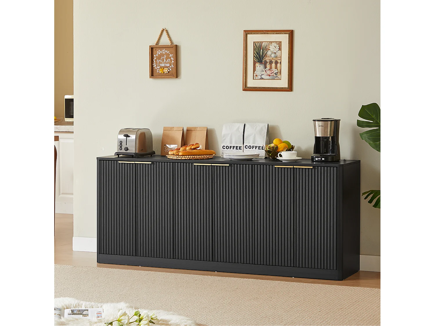 Buffet à motif ondulé avec 6 portes - Noir 170 x 40 x 70.5 cm