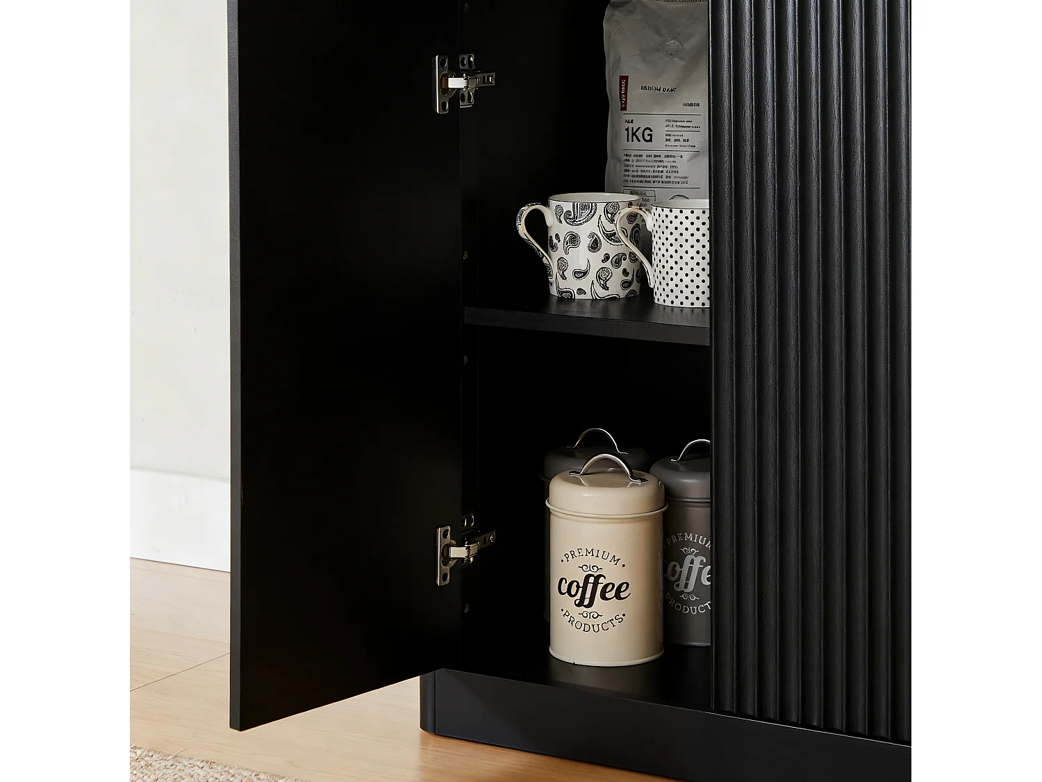 Buffet à motif ondulé avec 6 portes - Noir 170 x 40 x 70.5 cm