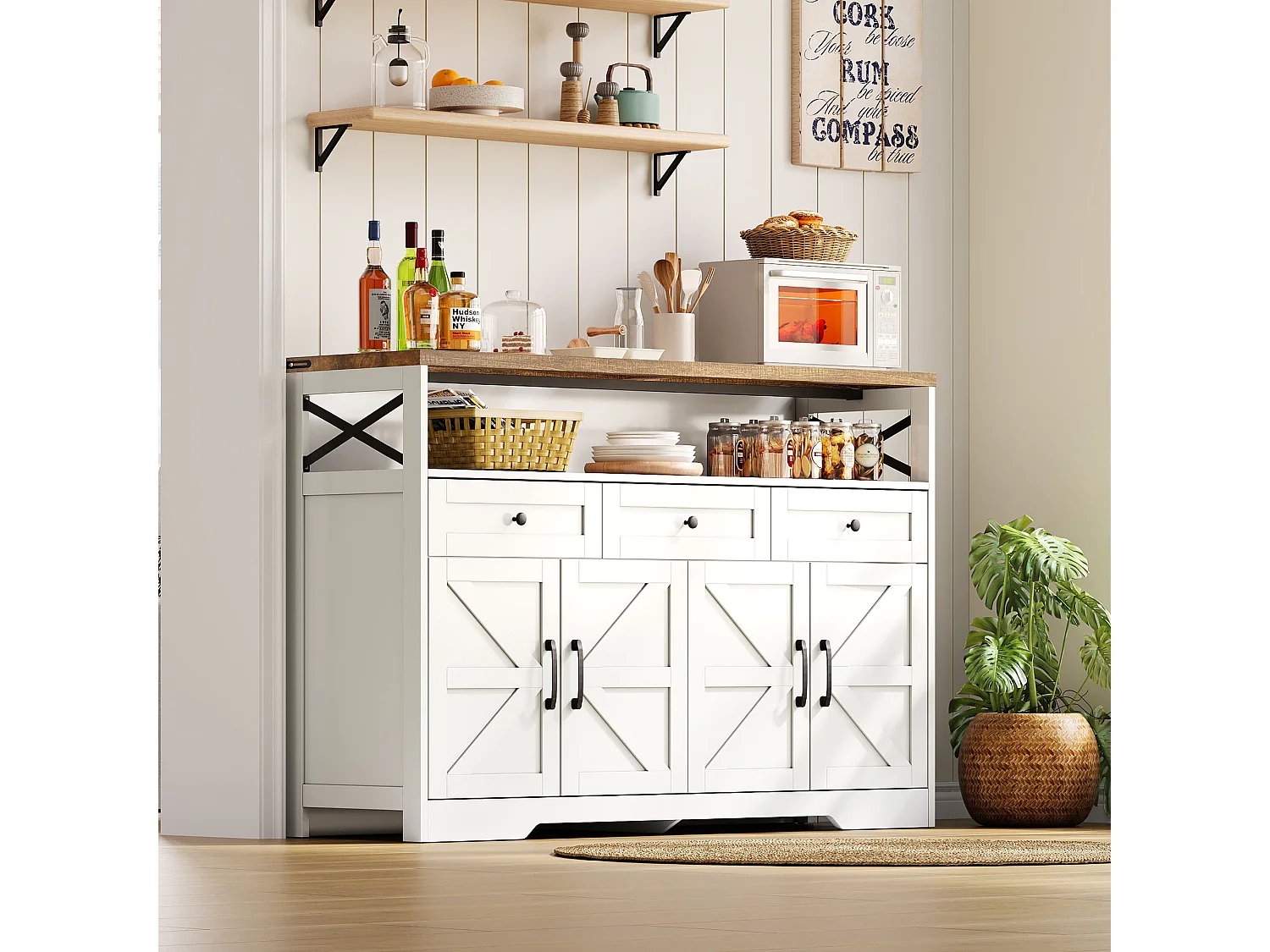 Modern sideboard 140x35x95cm - with 4 doors and 3 drawers - White + Natural