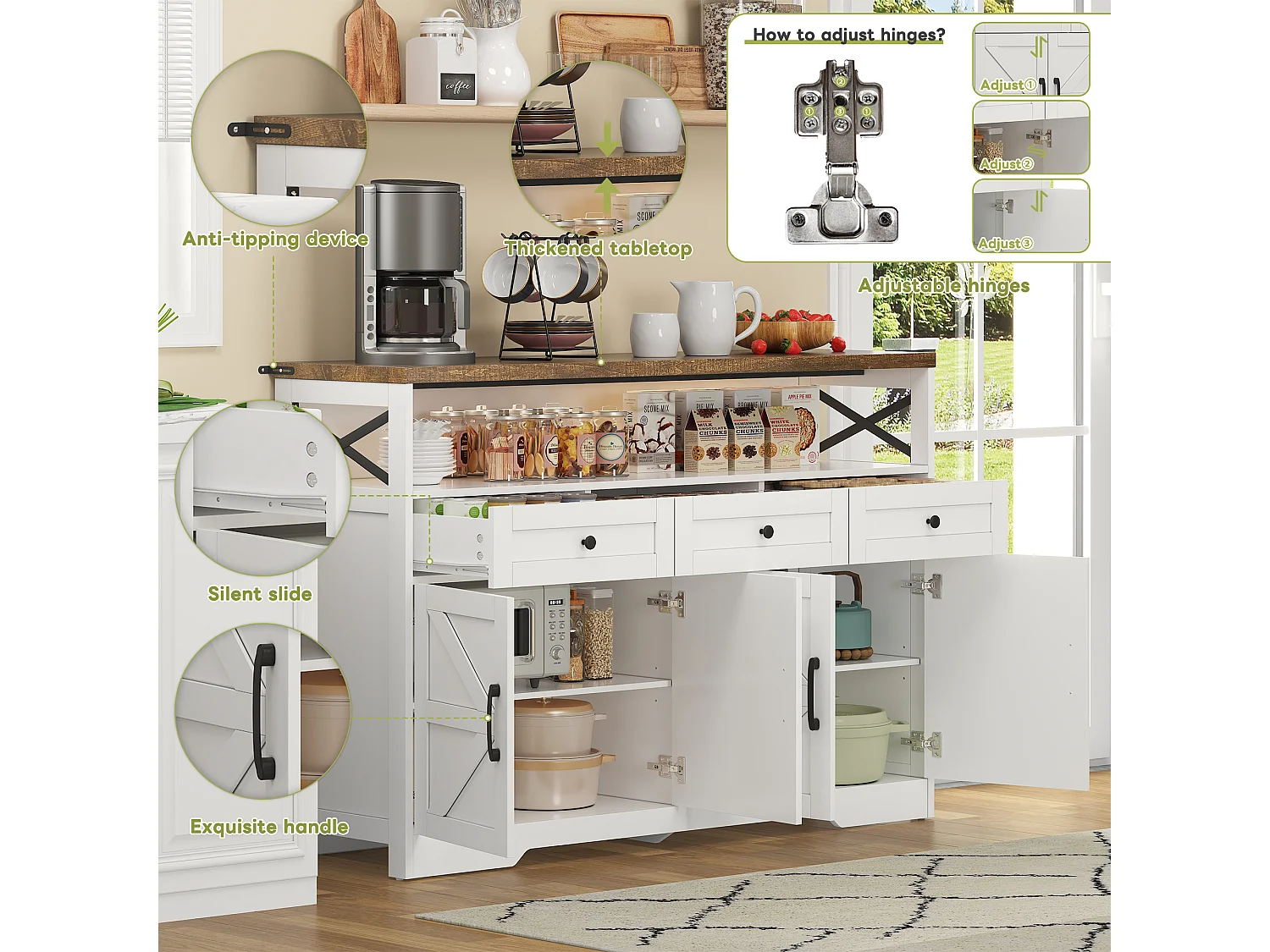 Modern sideboard 140x35x95cm - with 4 doors and 3 drawers - White + Natural