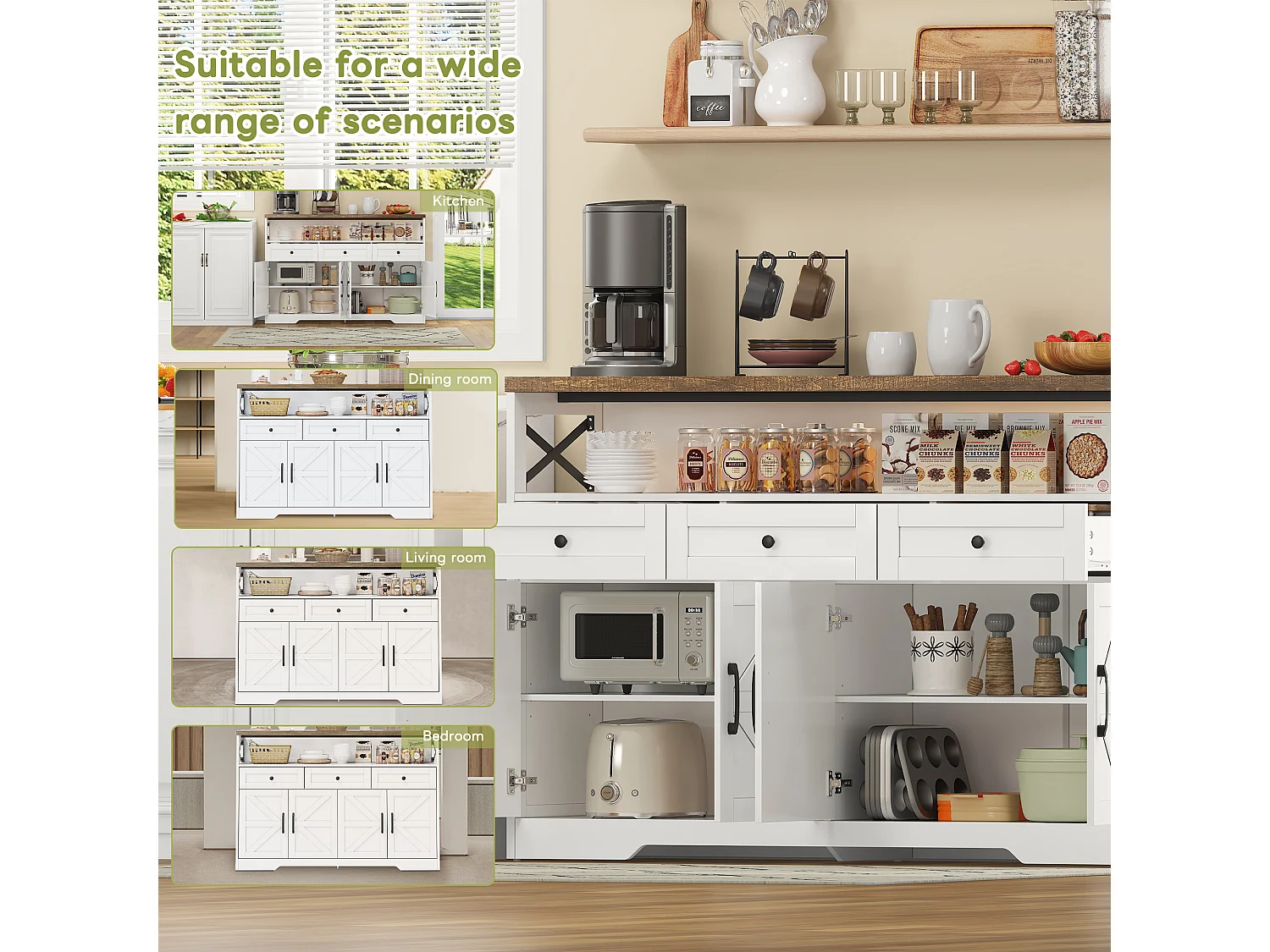 Modern sideboard 140x35x95cm - with 4 doors and 3 drawers - White + Natural