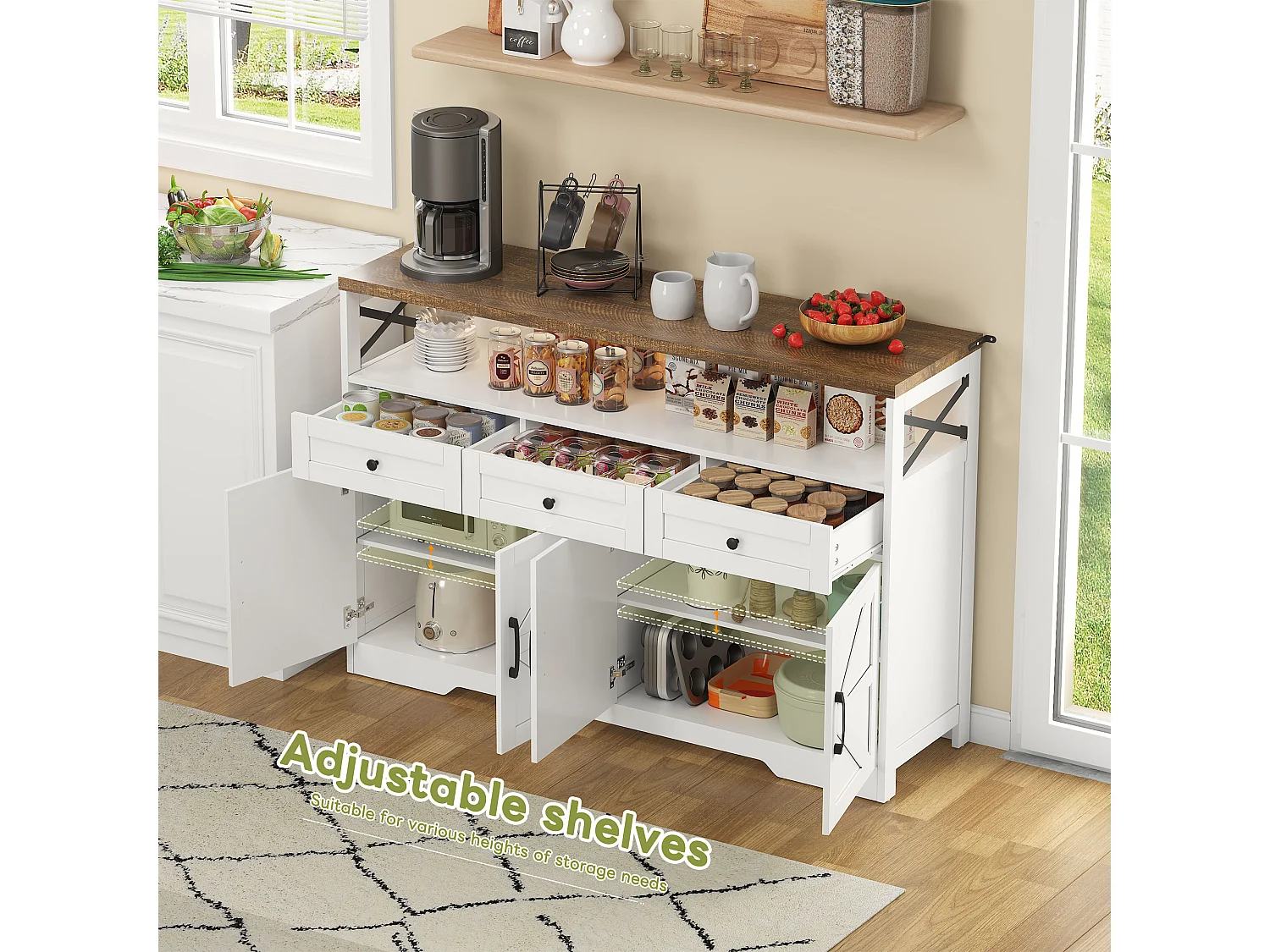 Modern sideboard 140x35x95cm - with 4 doors and 3 drawers - White + Natural
