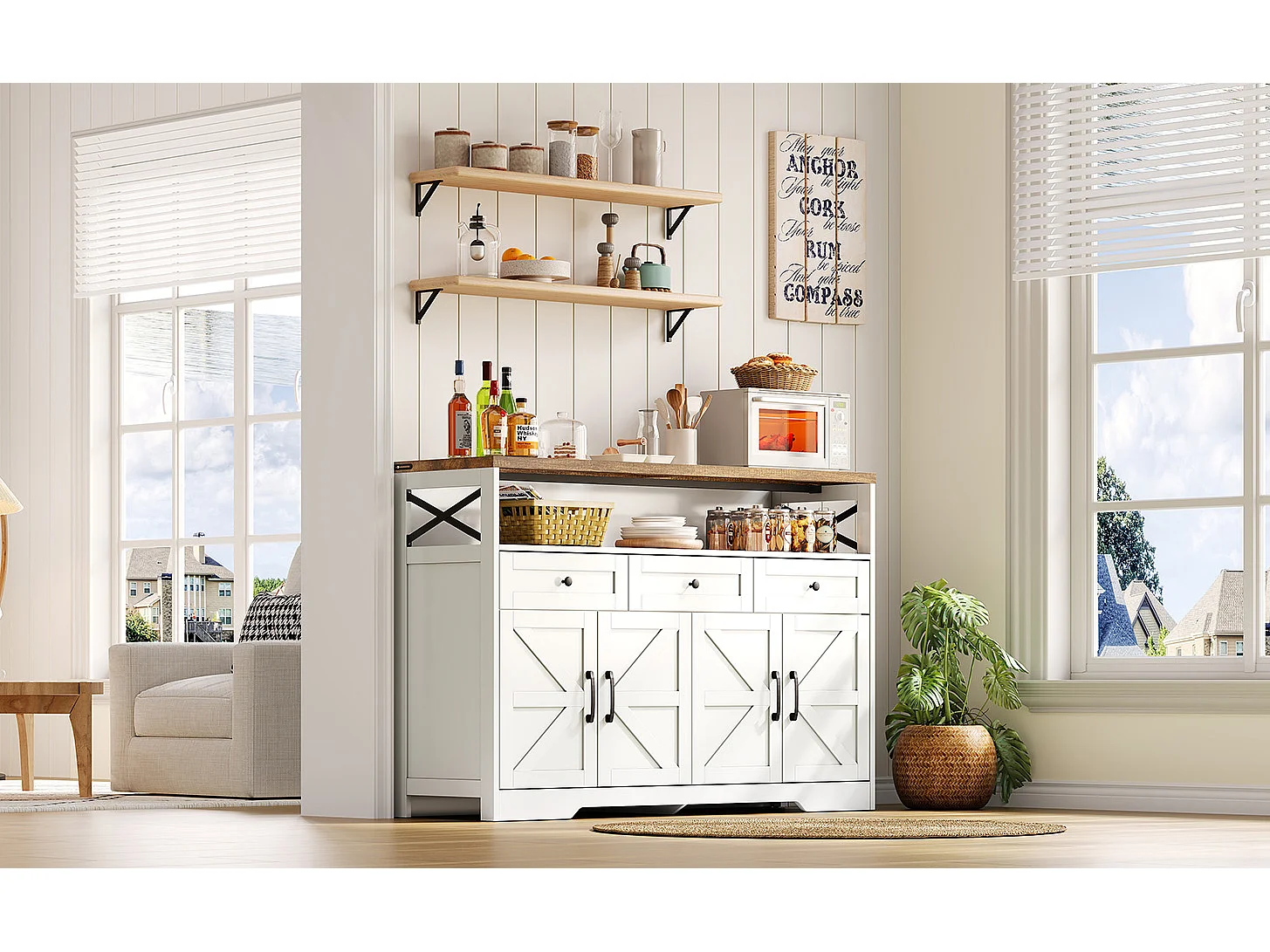 Modern sideboard 140x35x95cm - with 4 doors and 3 drawers - White + Natural