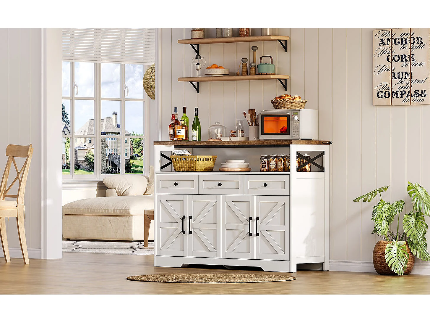 Modern sideboard 140x35x95cm - with 4 doors and 3 drawers - White + Natural