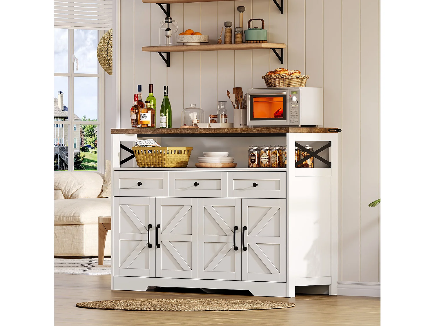 Modern sideboard 140x35x95cm - with 4 doors and 3 drawers - White + Natural