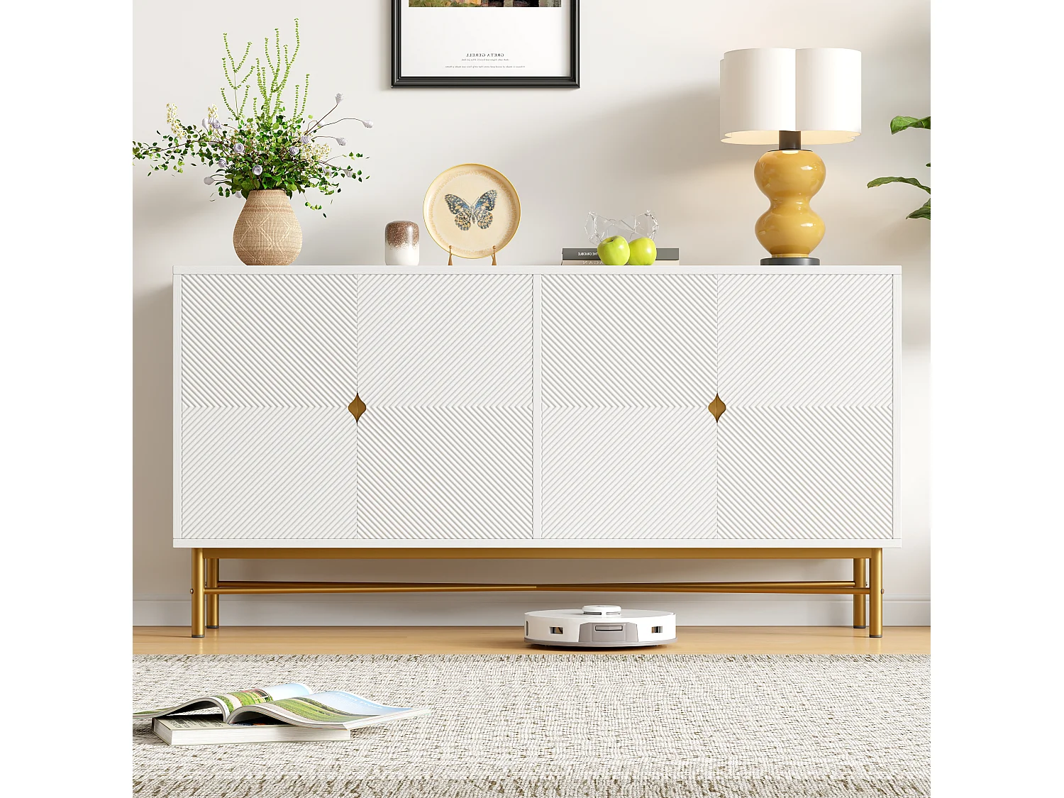 Buffet à texture en relief avec 4 portes , blanc 160 x 40 x 82 cm