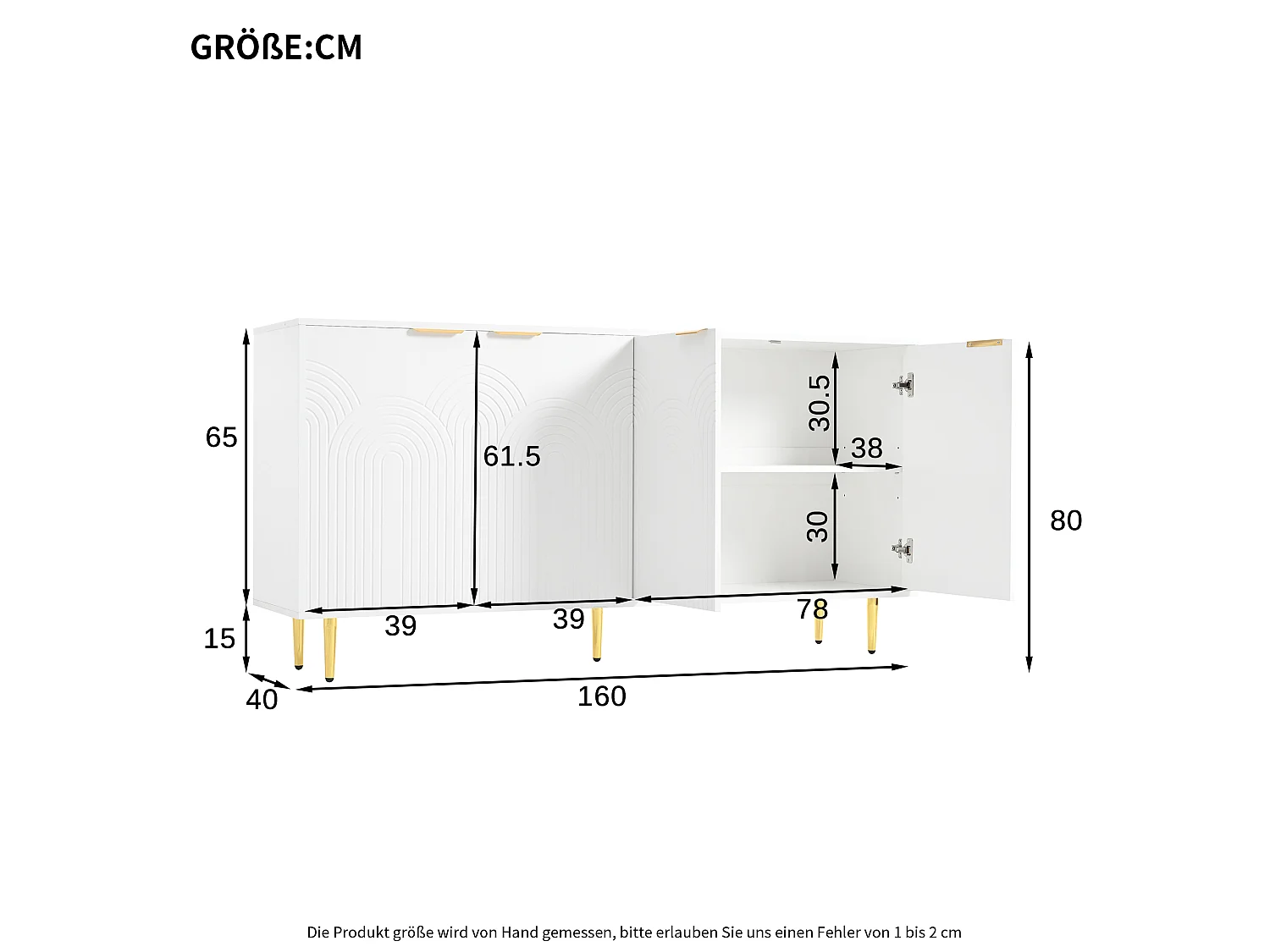 Woonkamerdressoir met 4 deuren 160×40×80 cm - Gouden metalen handgrepen - Wit