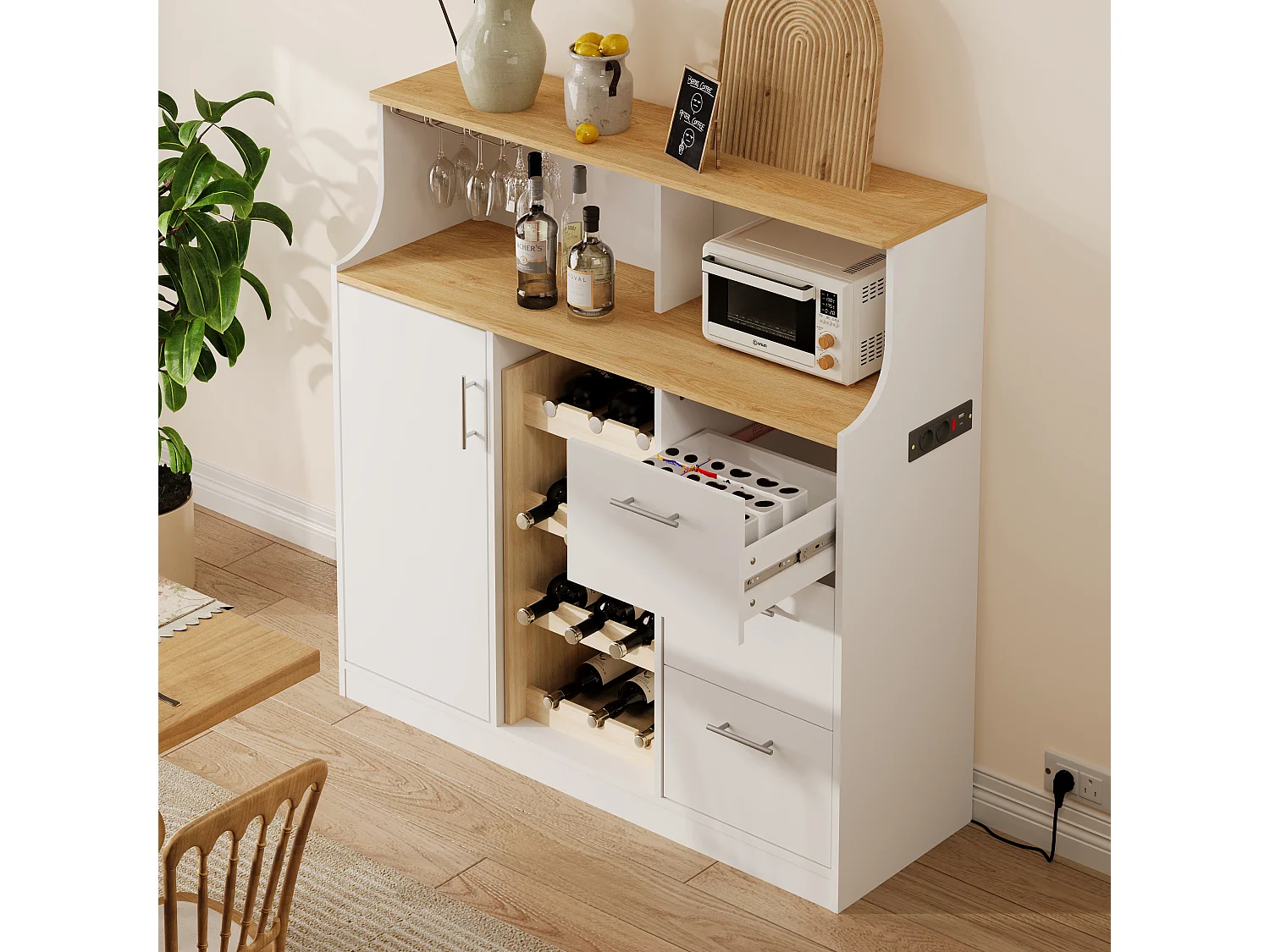 Buffet mini bar avec LED, prises électriques et casier à vin - Blanc et bois