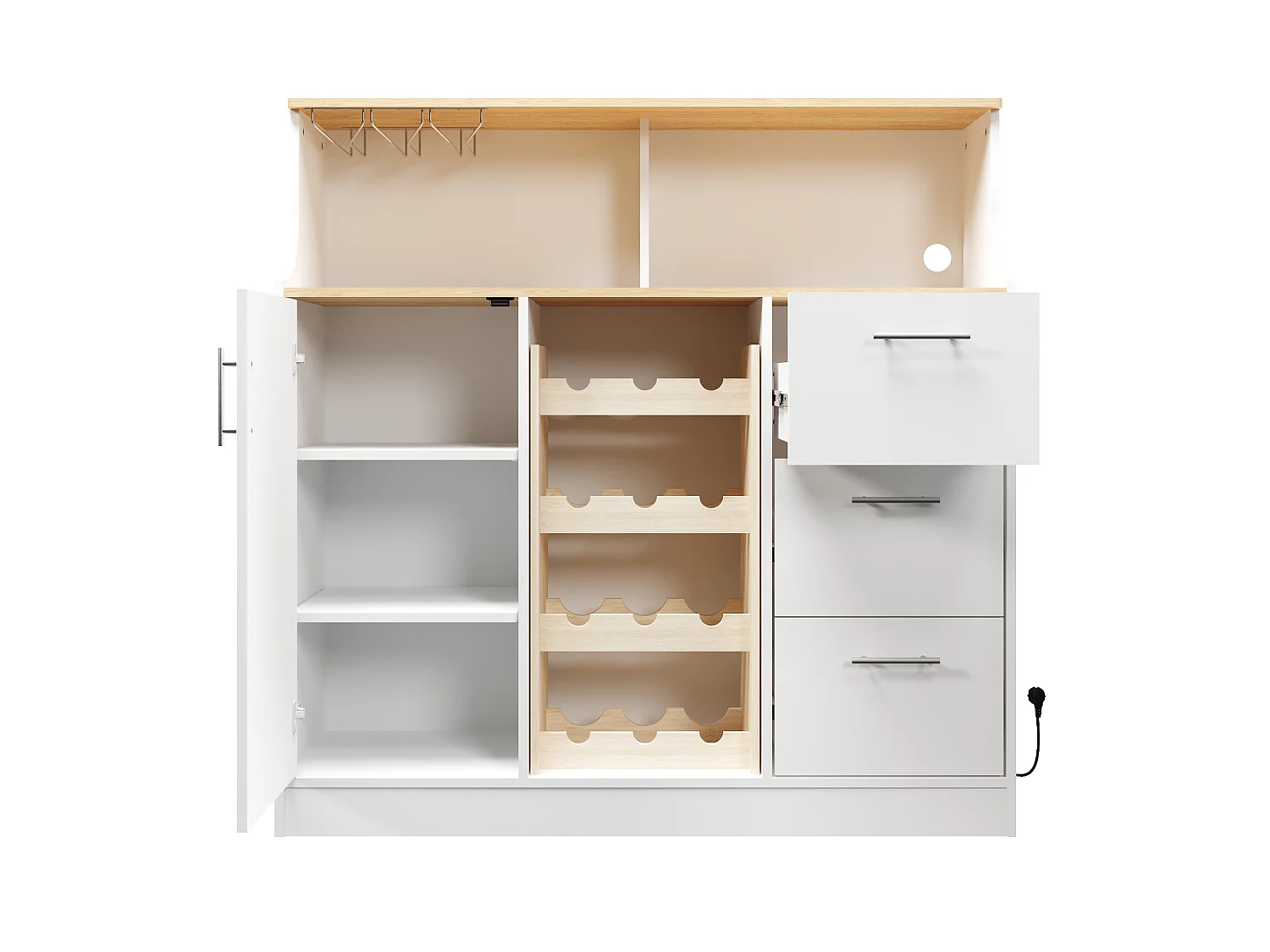 Buffet mini bar avec LED, prises électriques et casier à vin - Blanc et bois