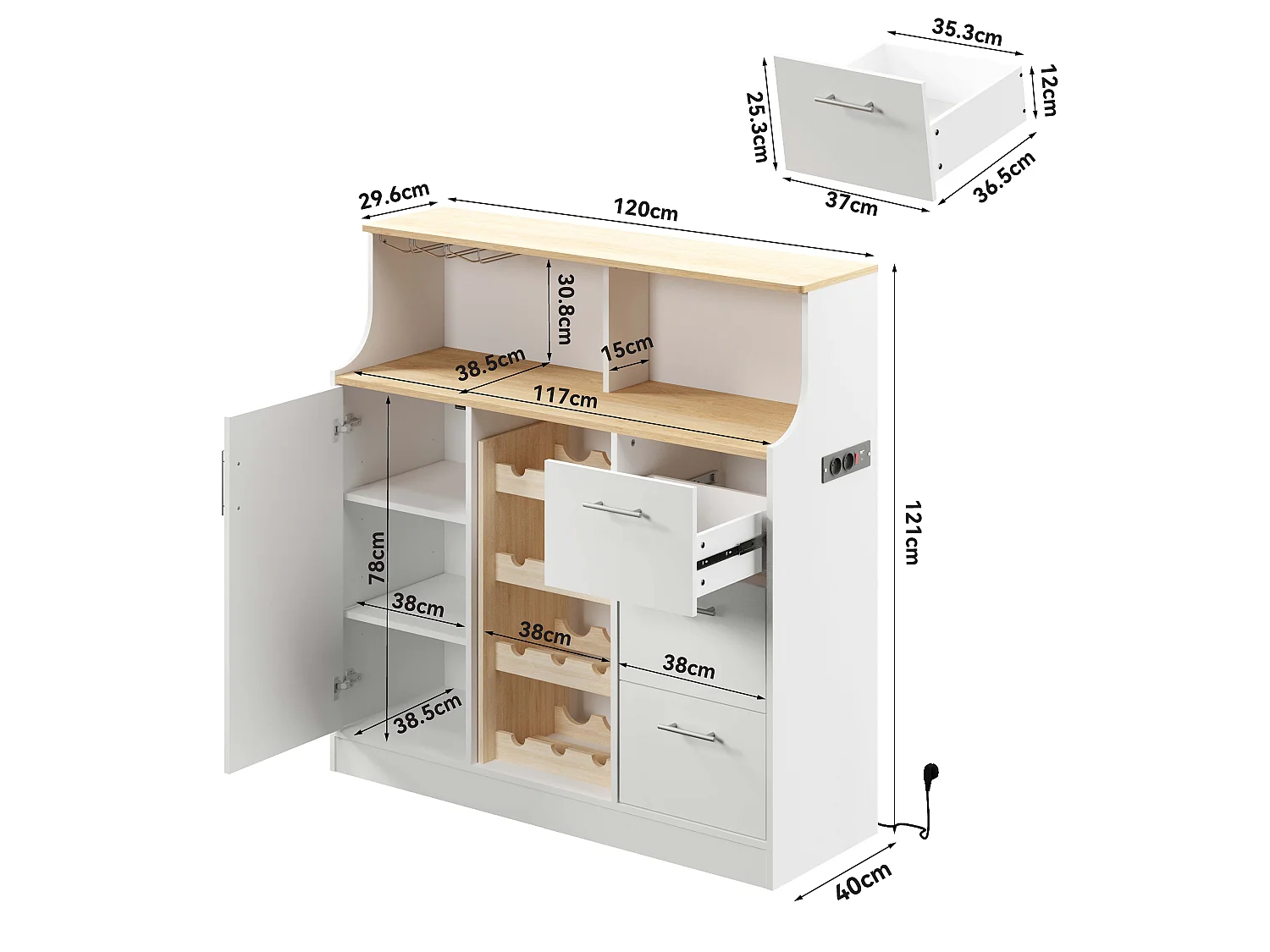 Buffet mini bar avec LED, prises électriques et casier à vin - Blanc et bois