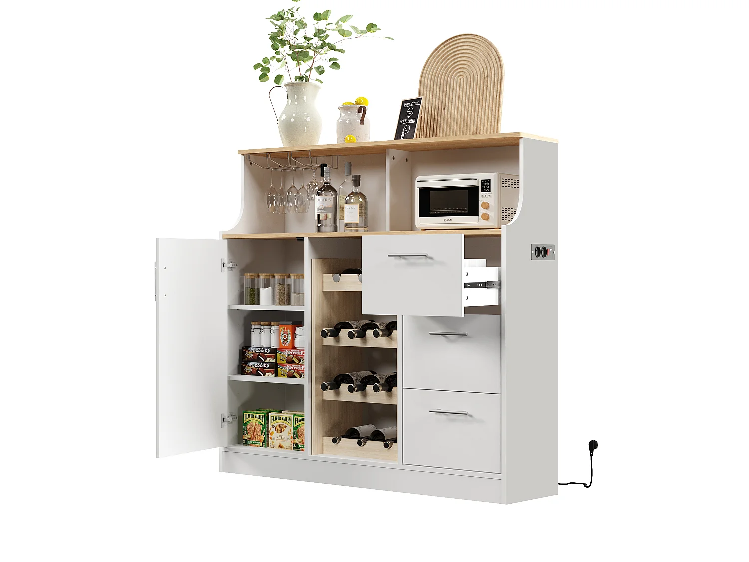 Buffet mini bar avec LED, prises électriques et casier à vin - Blanc et bois