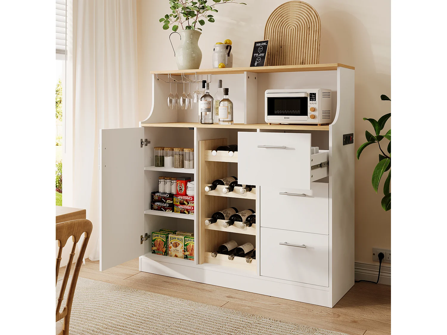 Buffet mini bar avec LED, prises électriques et casier à vin - Blanc et bois