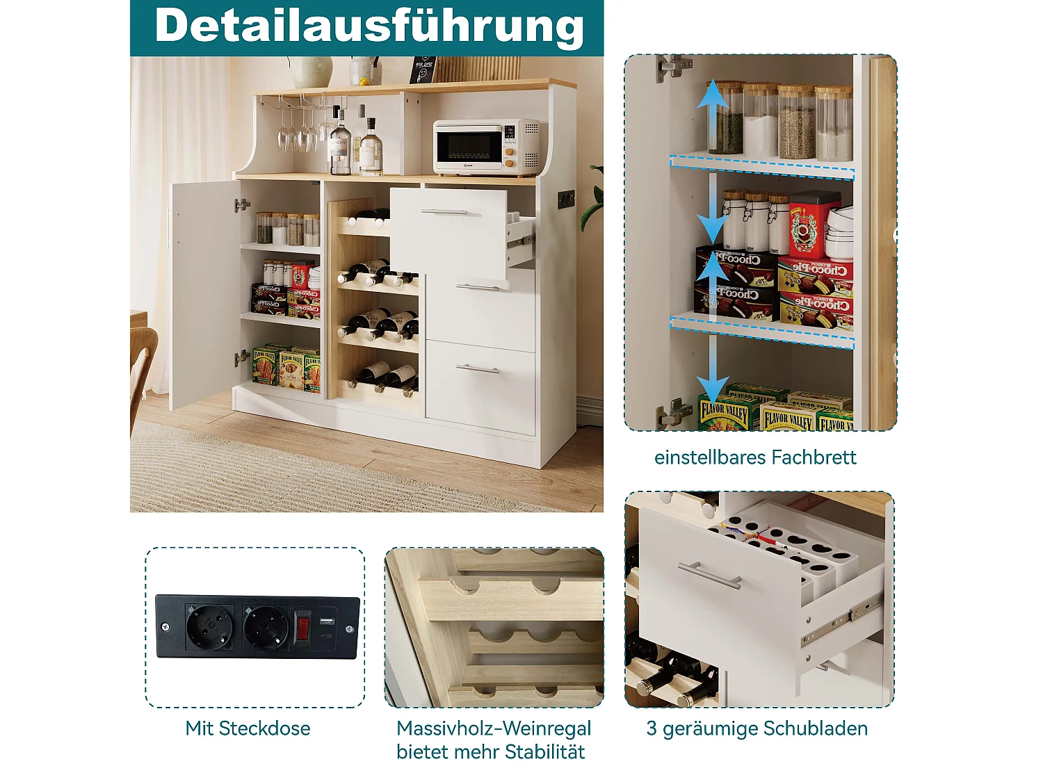 Buffet mini bar avec LED, prises électriques et casier à vin - Blanc et bois