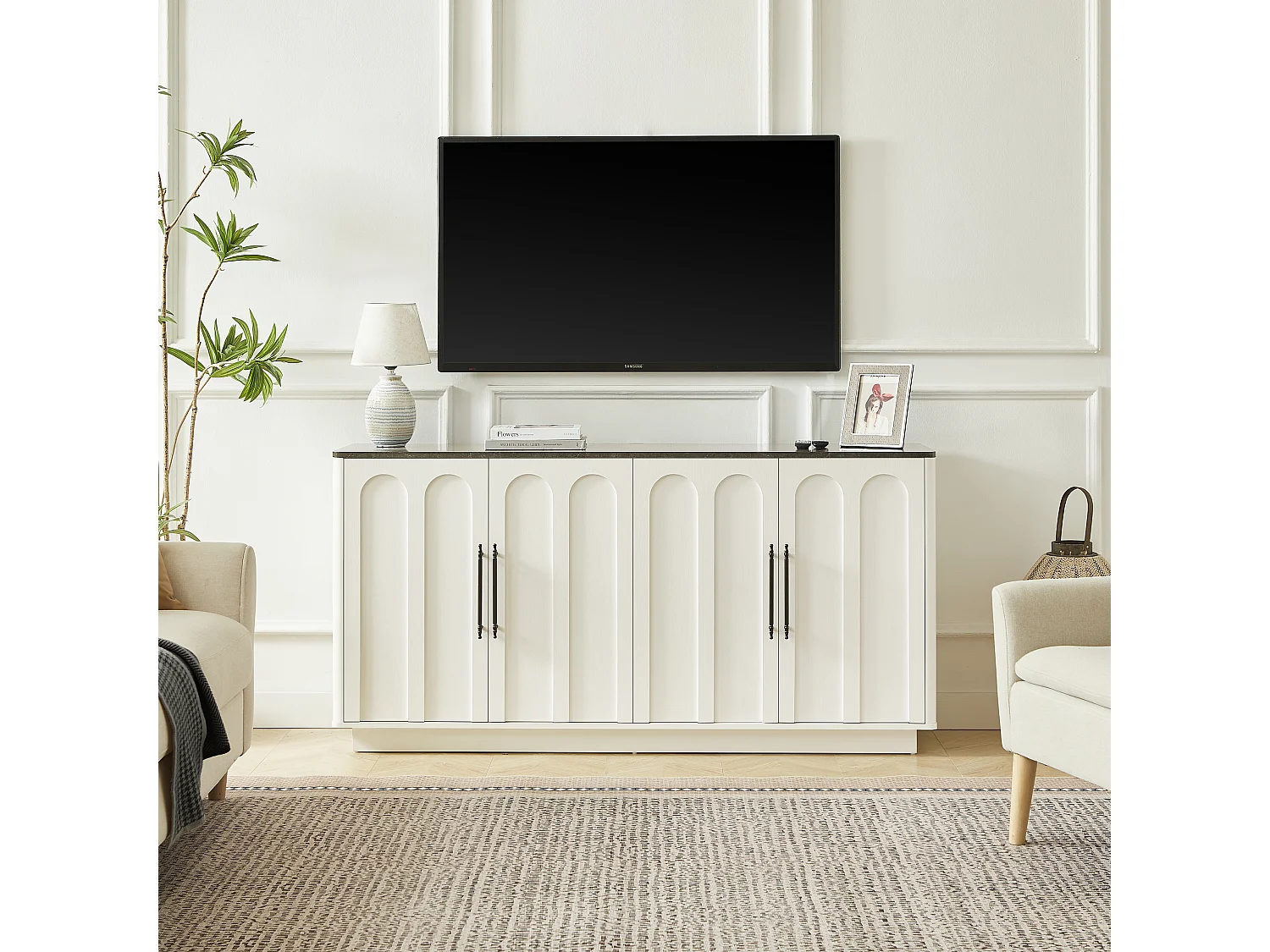 Wit dressoir met 4 deuren, 160 x 40 x 80 cm - Blad met zwarte marmerstructuur