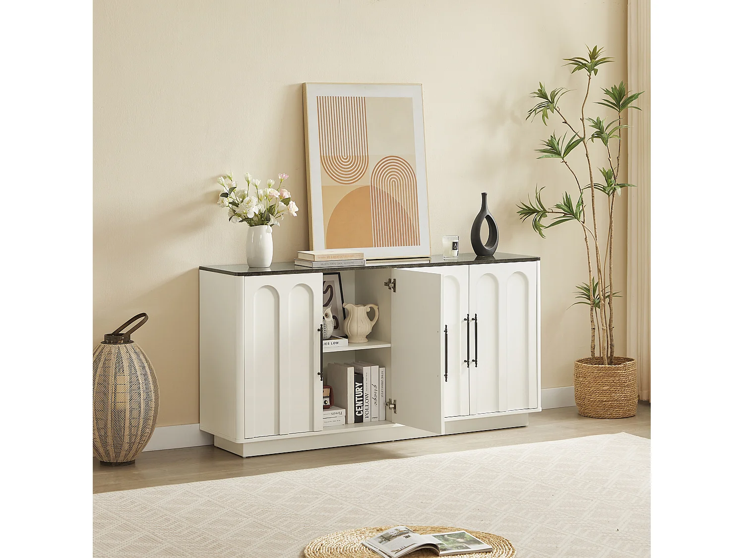 Wit dressoir met 4 deuren, 160 x 40 x 80 cm - Blad met zwarte marmerstructuur