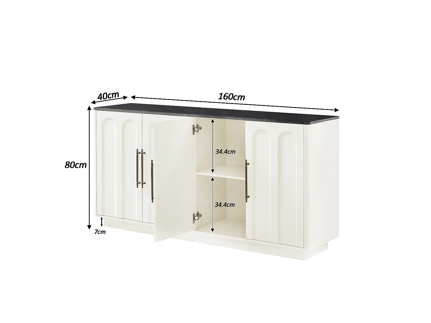 Wit dressoir met 4 deuren, 160 x 40 x 80 cm - Blad met zwarte marmerstructuur