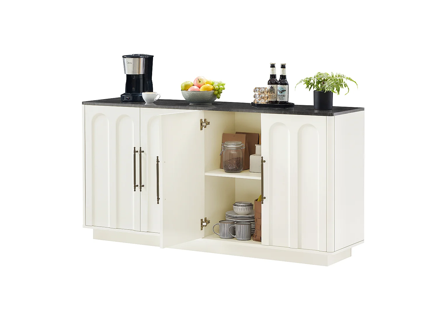 Wit dressoir met 4 deuren, 160 x 40 x 80 cm - Blad met zwarte marmerstructuur