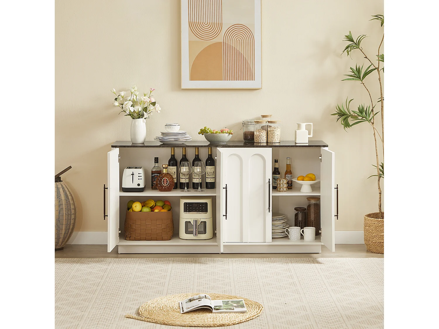 Wit dressoir met 4 deuren, 160 x 40 x 80 cm - Blad met zwarte marmerstructuur