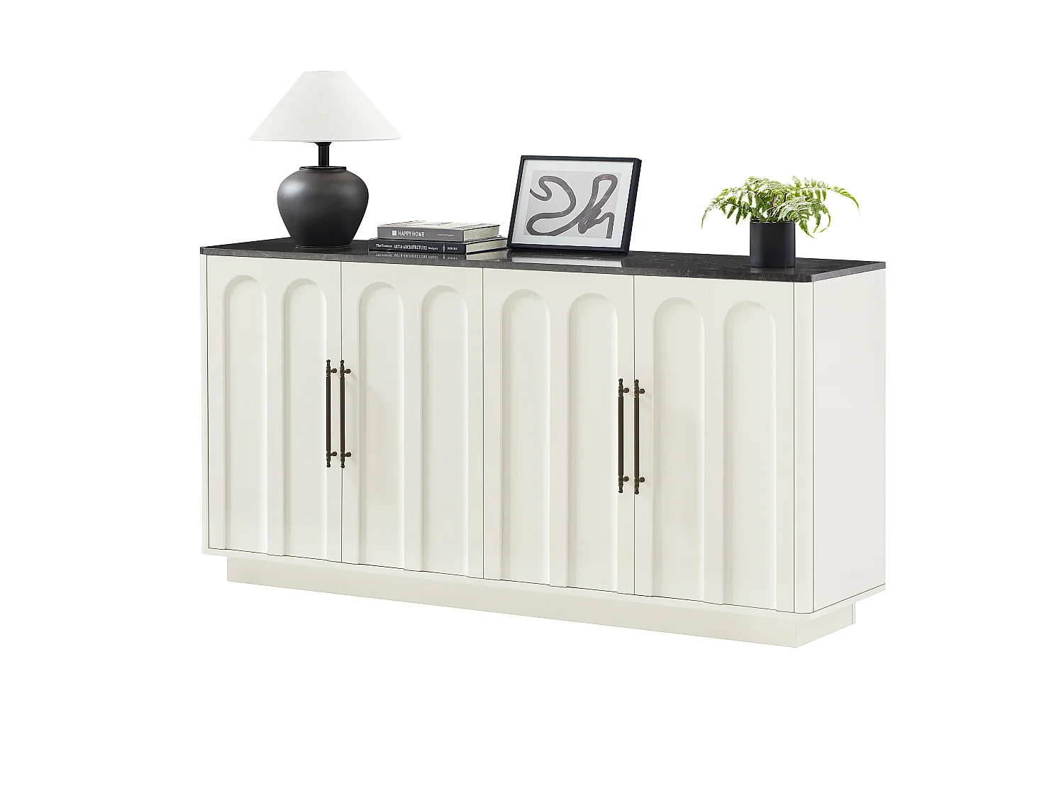 Wit dressoir met 4 deuren, 160 x 40 x 80 cm - Blad met zwarte marmerstructuur