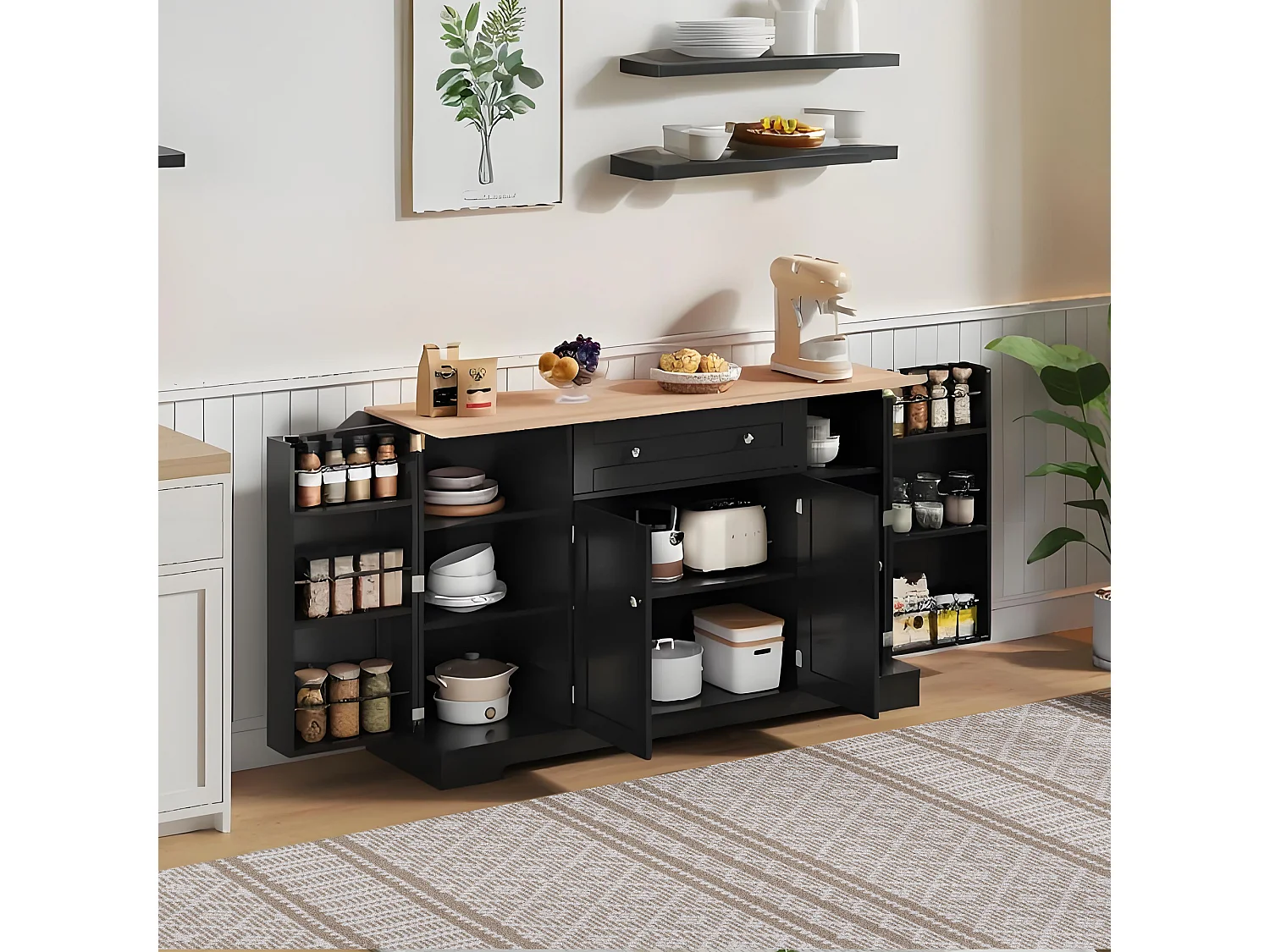 Modern sideboard 138x40x85cm - with 2 doors and 1 drawer - 2 doors with shelves - Black + Natural