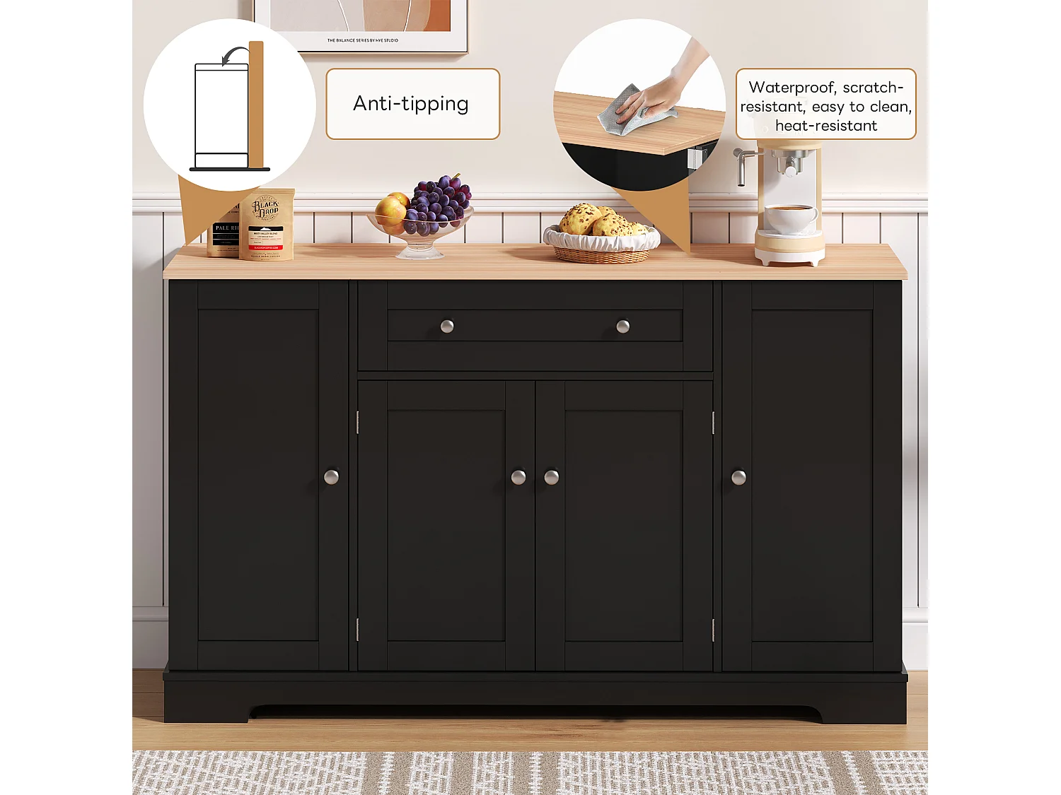 Modern sideboard 138x40x85cm - with 2 doors and 1 drawer - 2 doors with shelves - Black + Natural