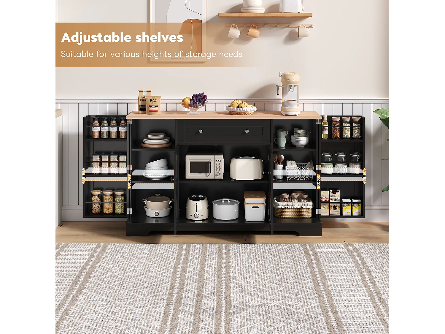 Modern sideboard 138x40x85cm - with 2 doors and 1 drawer - 2 doors with shelves - Black + Natural