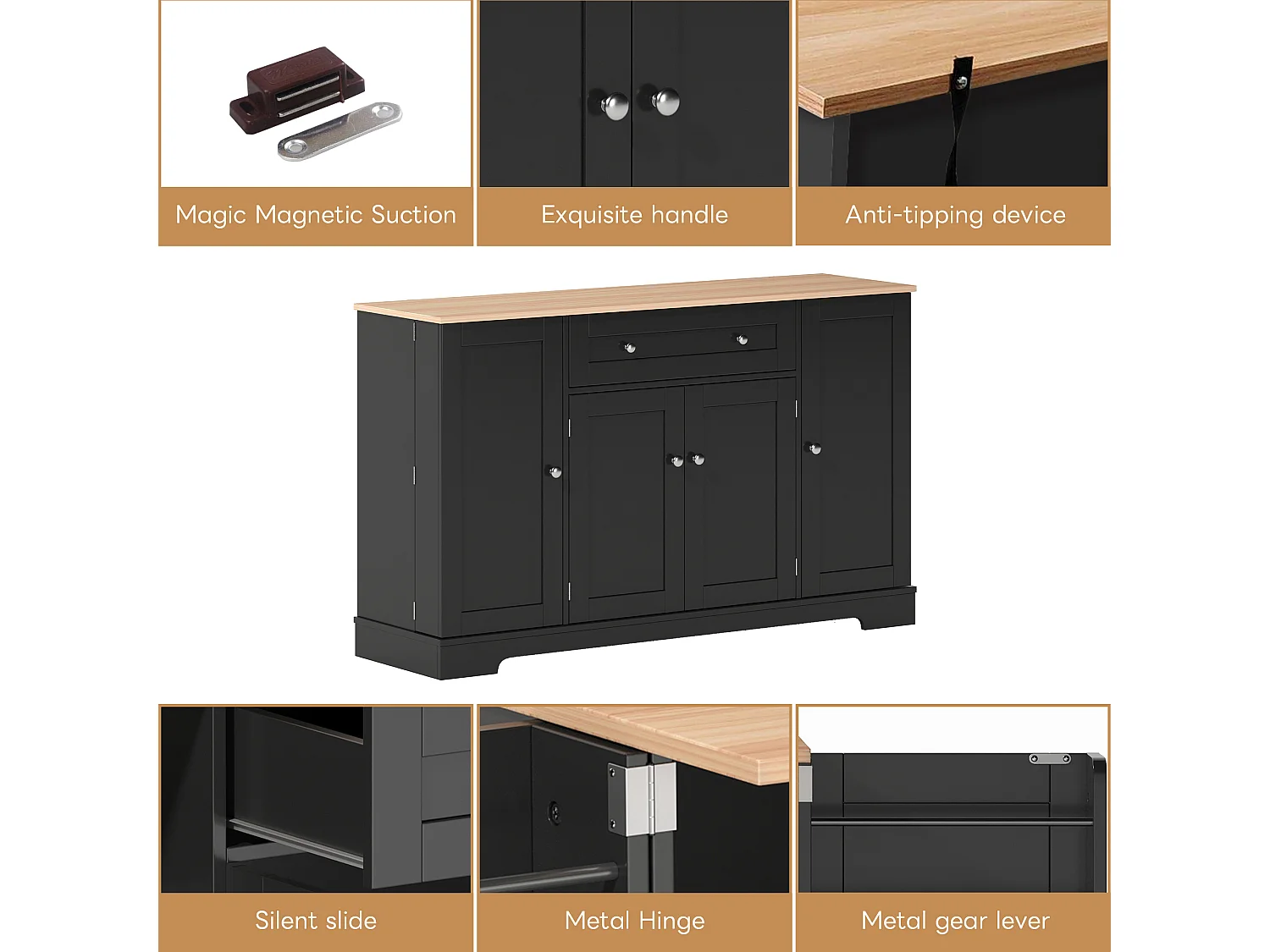 Modern sideboard 138x40x85cm - with 2 doors and 1 drawer - 2 doors with shelves - Black + Natural