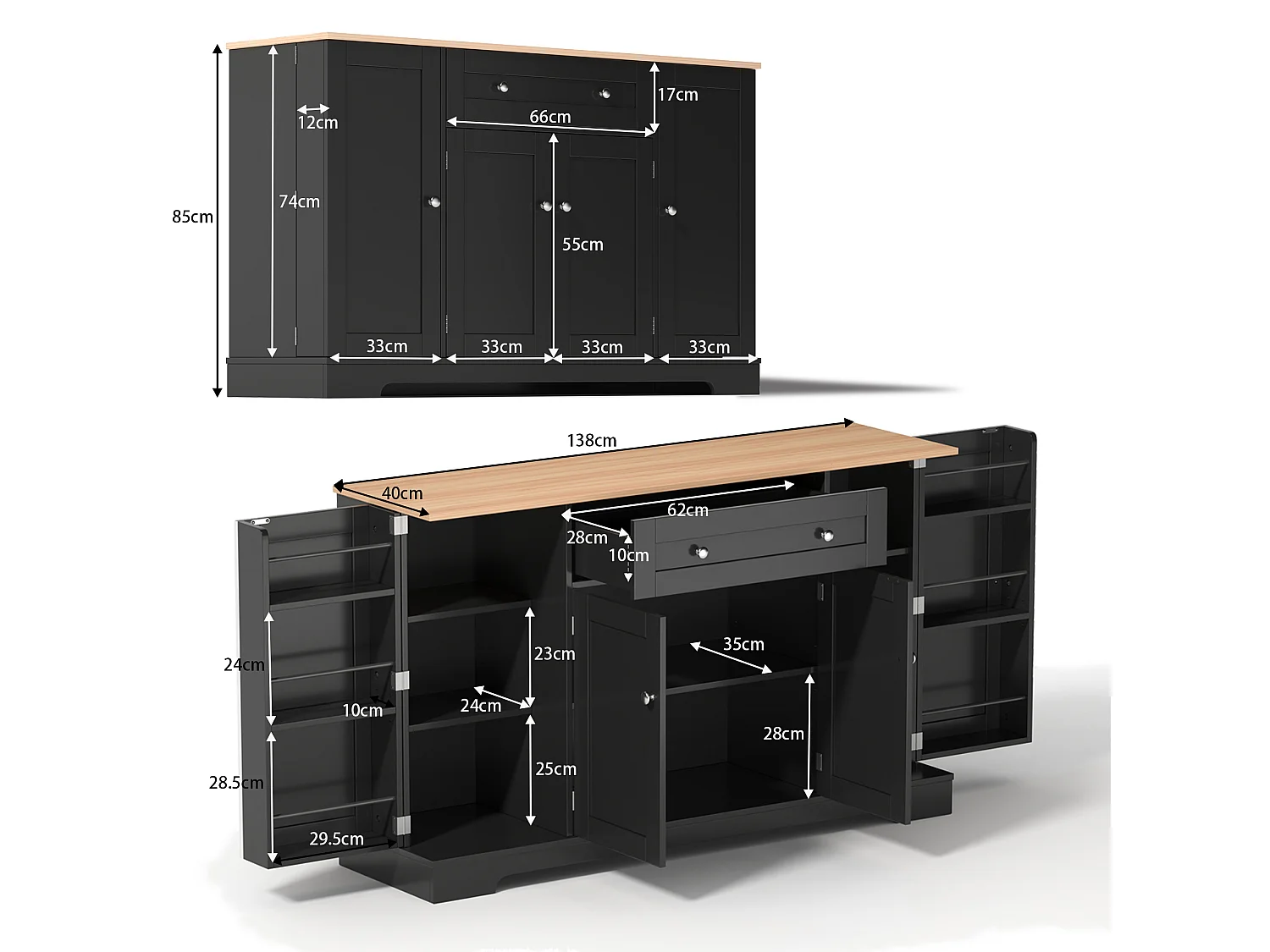Modern sideboard 138x40x85cm - with 2 doors and 1 drawer - 2 doors with shelves - Black + Natural