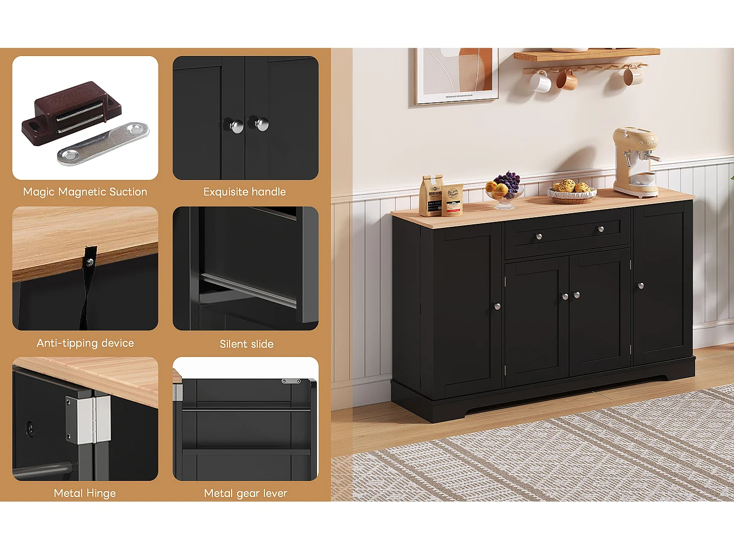 Modern sideboard 138x40x85cm - with 2 doors and 1 drawer - 2 doors with shelves - Black + Natural