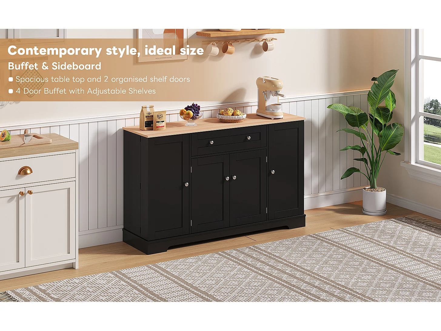 Modern sideboard 138x40x85cm - with 2 doors and 1 drawer - 2 doors with shelves - Black + Natural