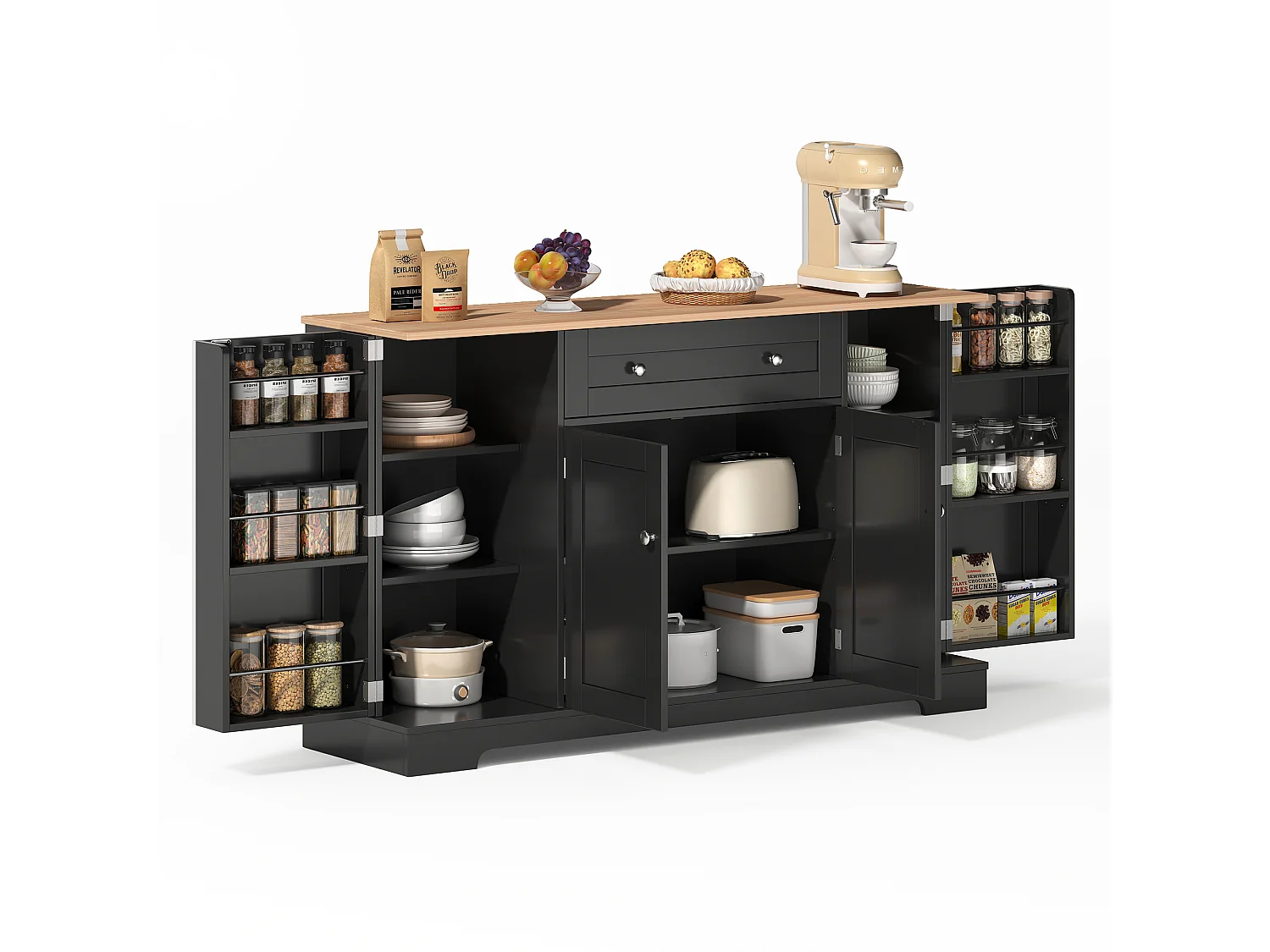 Modern sideboard 138x40x85cm - with 2 doors and 1 drawer - 2 doors with shelves - Black + Natural