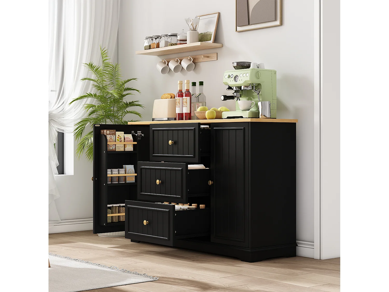Dressoir met 3 lades en koelkastdeuren, zwart