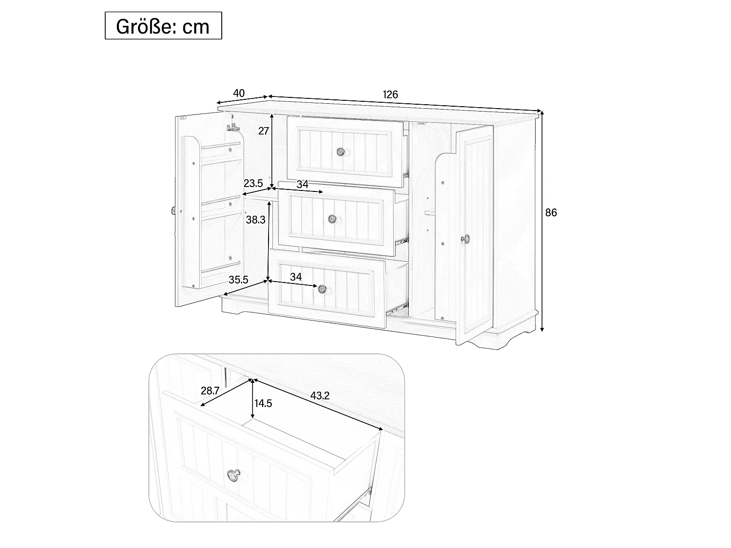 Dressoir met 3 lades en koelkastdeuren, zwart