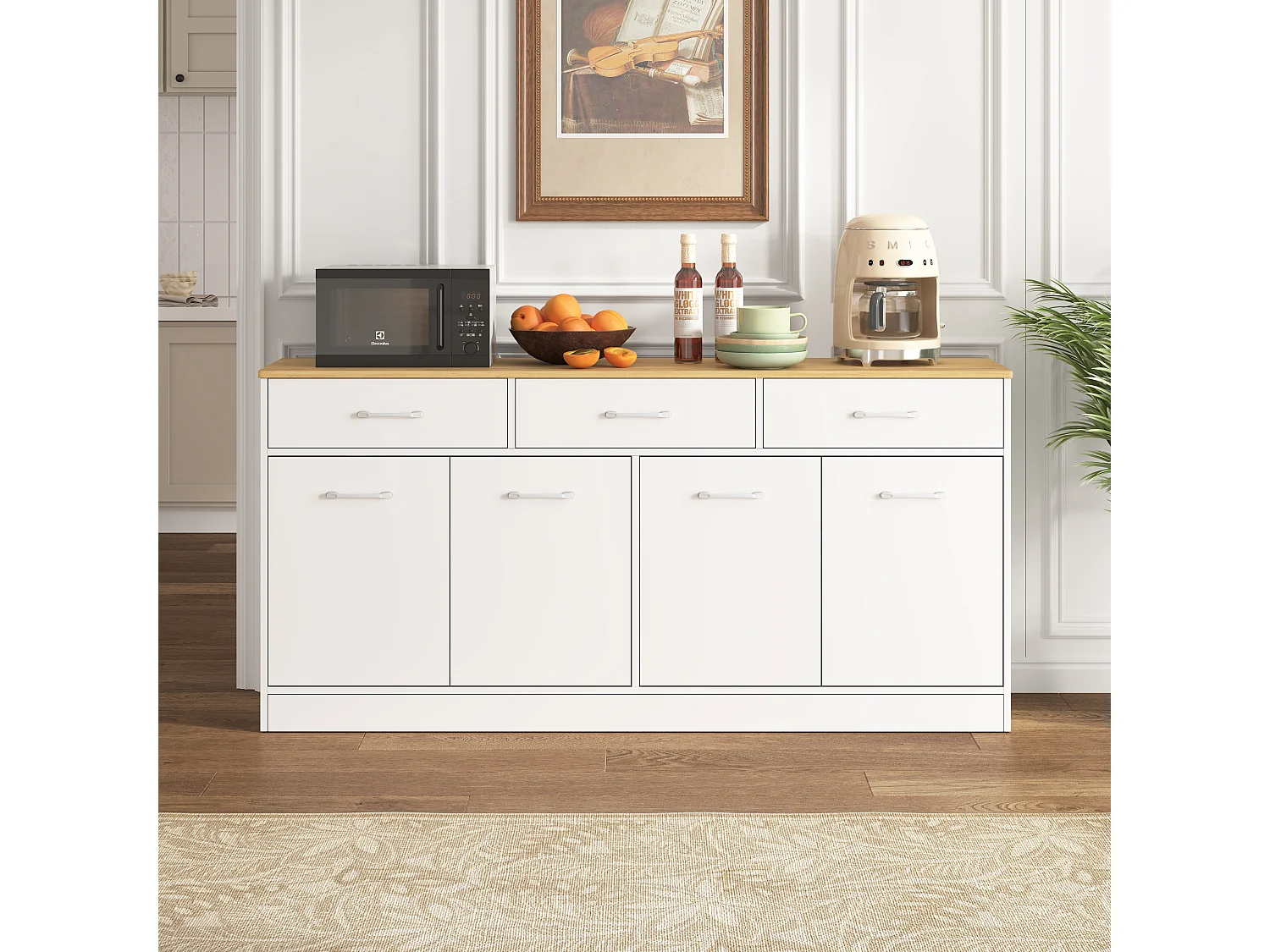 Buffet avec 3 tiroirs , 4 portes et étagères réglables - Blanc et bois 160 x 37 x 76,5cm