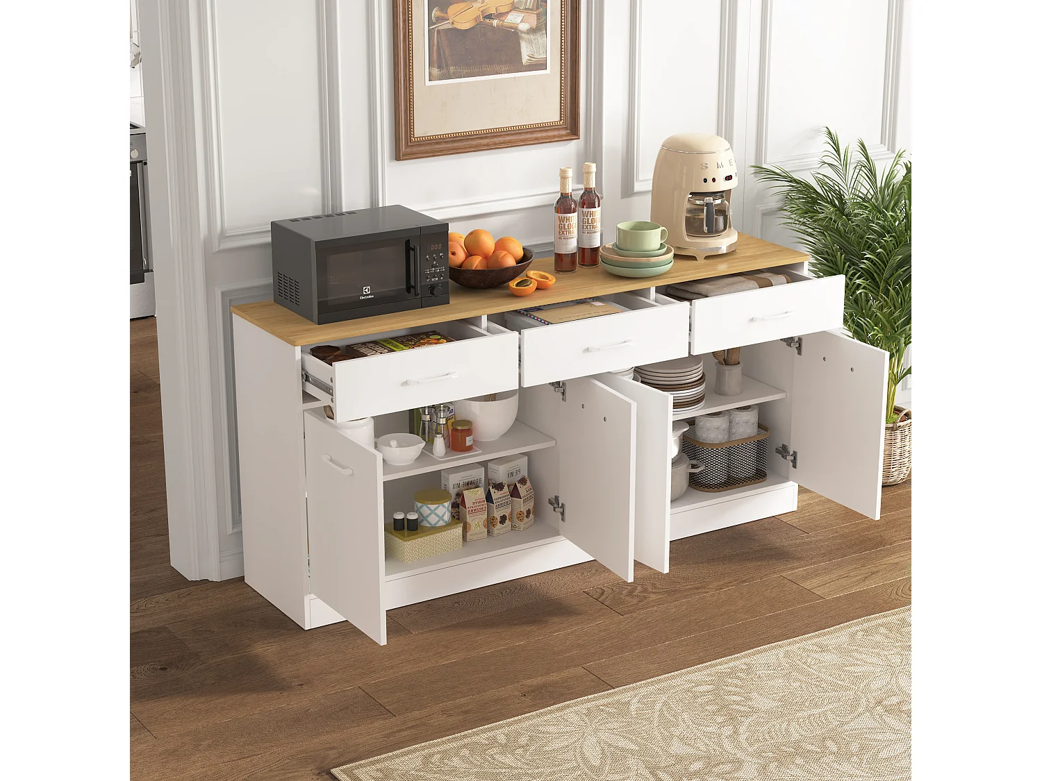 Buffet avec 3 tiroirs , 4 portes et étagères réglables - Blanc et bois 160 x 37 x 76,5cm