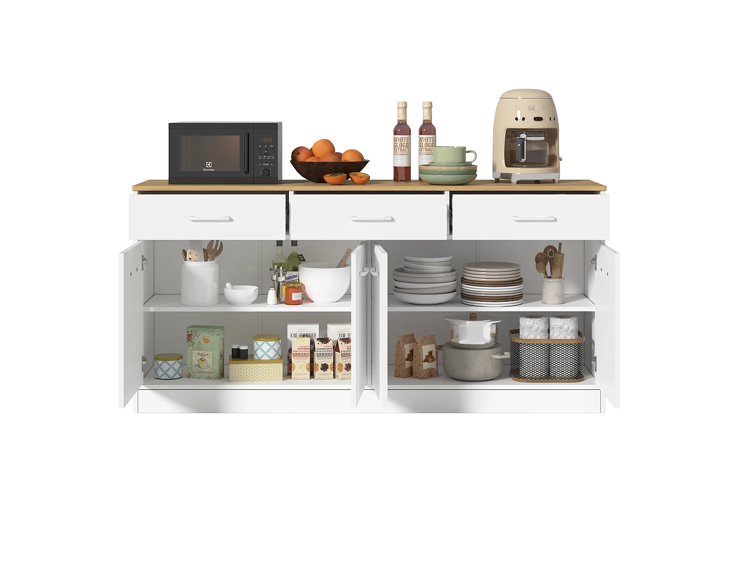Buffet avec 3 tiroirs , 4 portes et étagères réglables - Blanc et bois 160 x 37 x 76,5cm