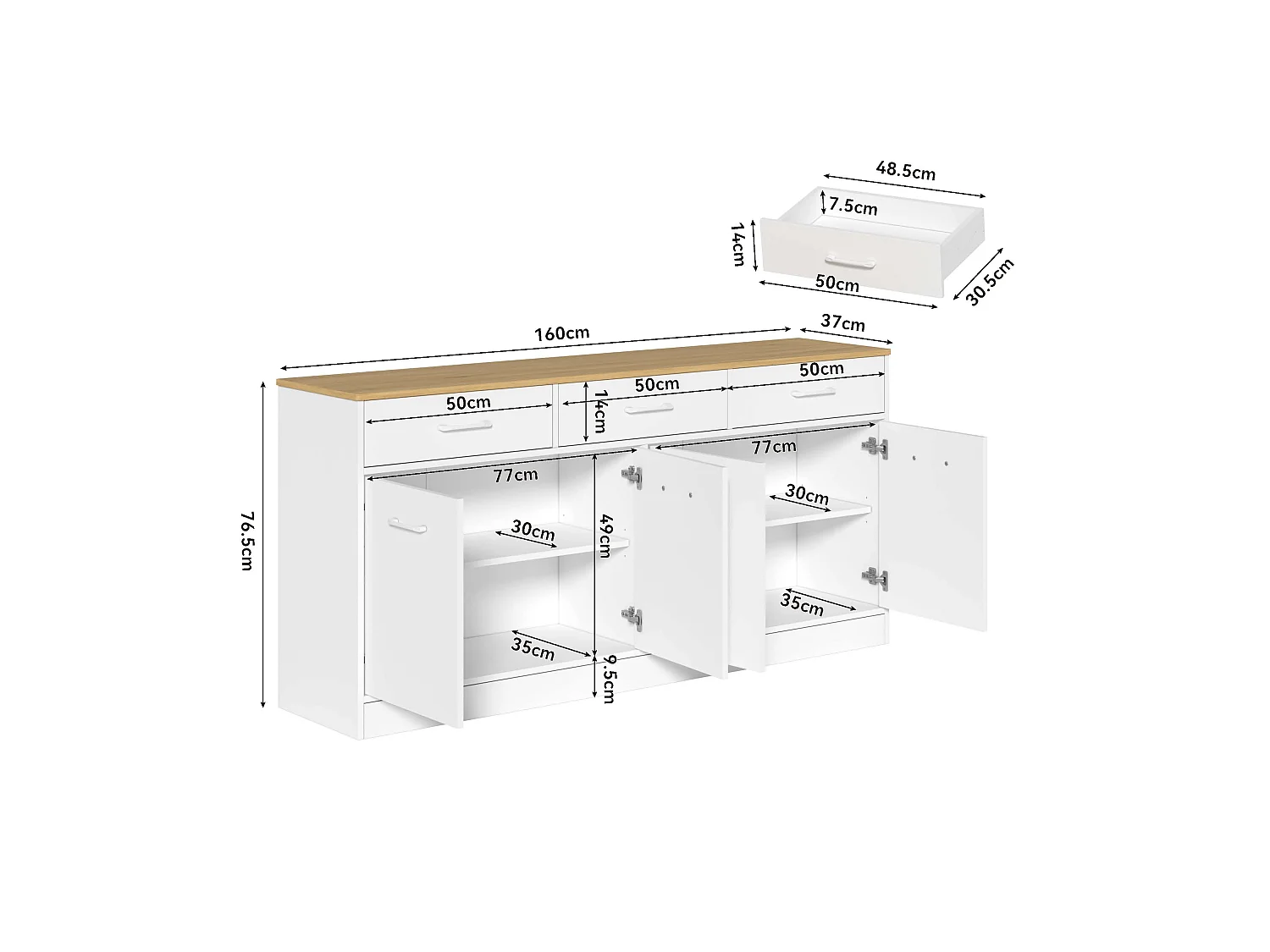 Buffet avec 3 tiroirs , 4 portes et étagères réglables - Blanc et bois 160 x 37 x 76,5cm
