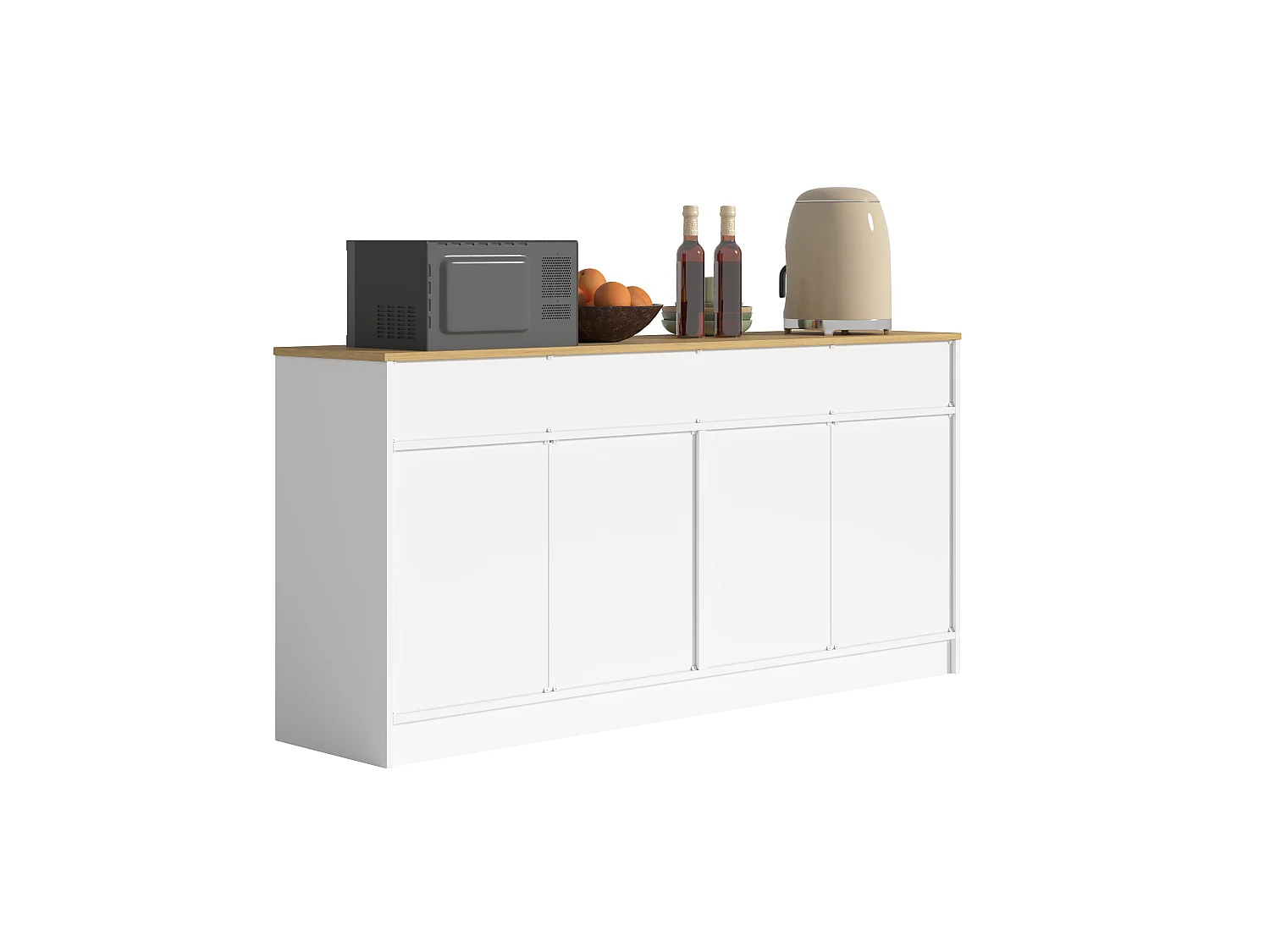 Buffet avec 3 tiroirs , 4 portes et étagères réglables - Blanc et bois 160 x 37 x 76,5cm