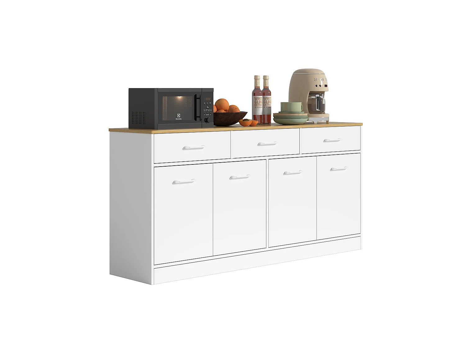 Buffet avec 3 tiroirs , 4 portes et étagères réglables - Blanc et bois 160 x 37 x 76,5cm