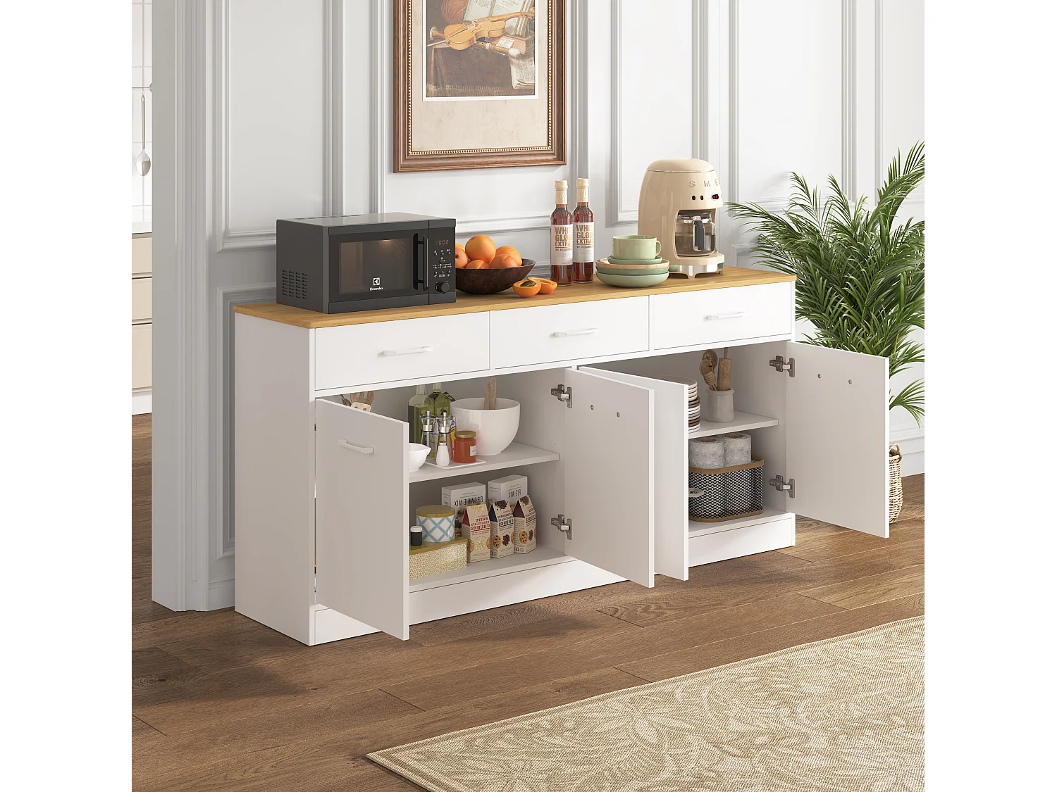 Buffet avec 3 tiroirs , 4 portes et étagères réglables - Blanc et bois 160 x 37 x 76,5cm