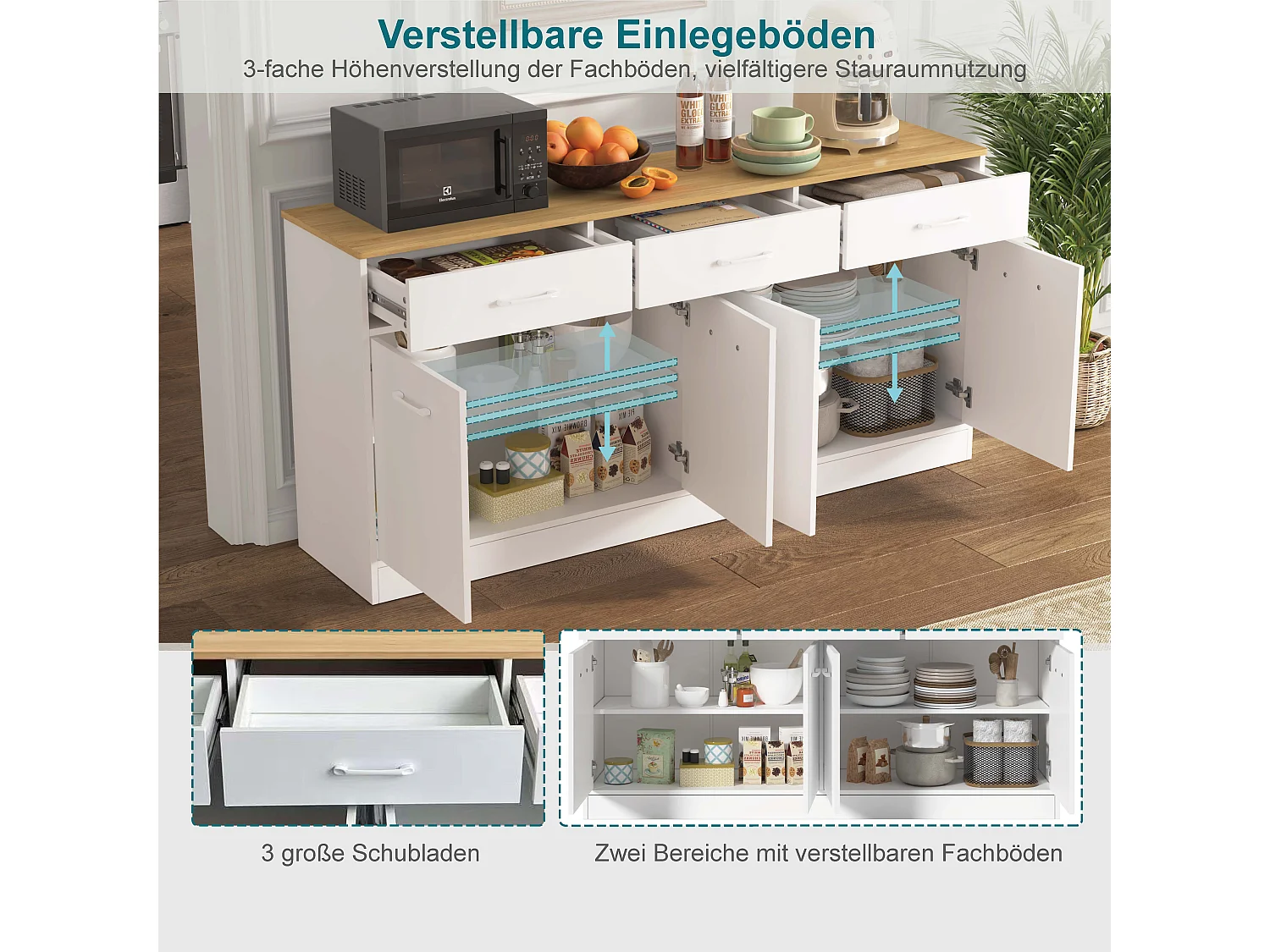 Buffet avec 3 tiroirs , 4 portes et étagères réglables - Blanc et bois 160 x 37 x 76,5cm