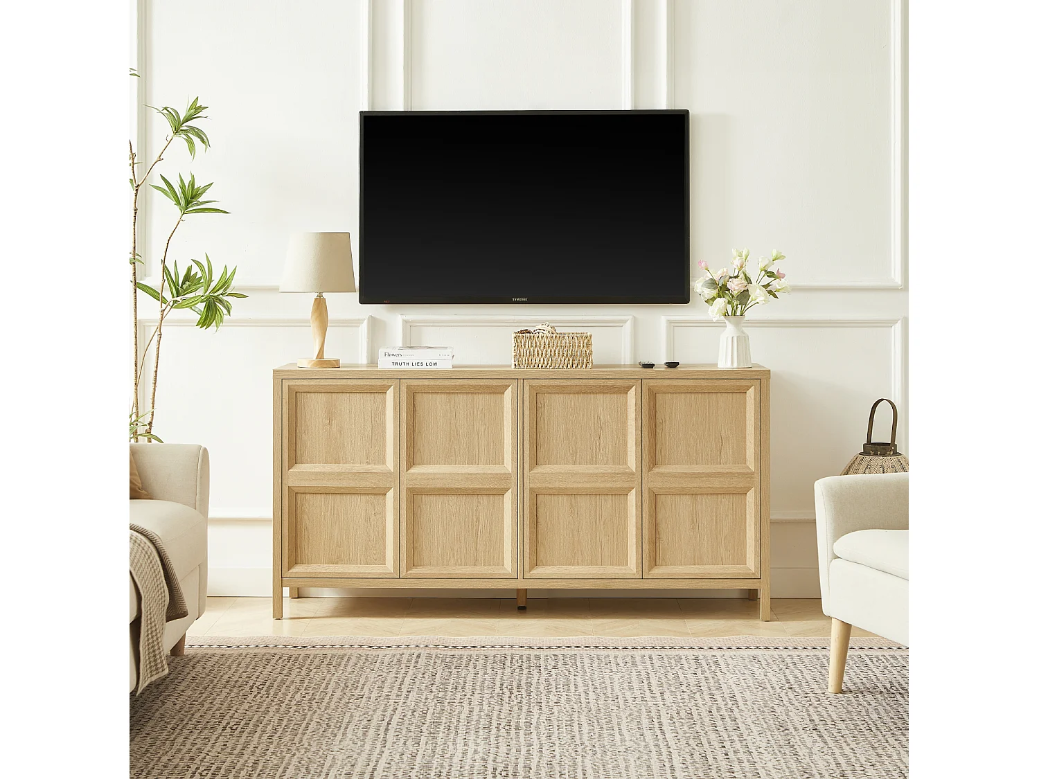 Buffet de rangement 160 cm avec 4 portes et étagères - Naturel clair